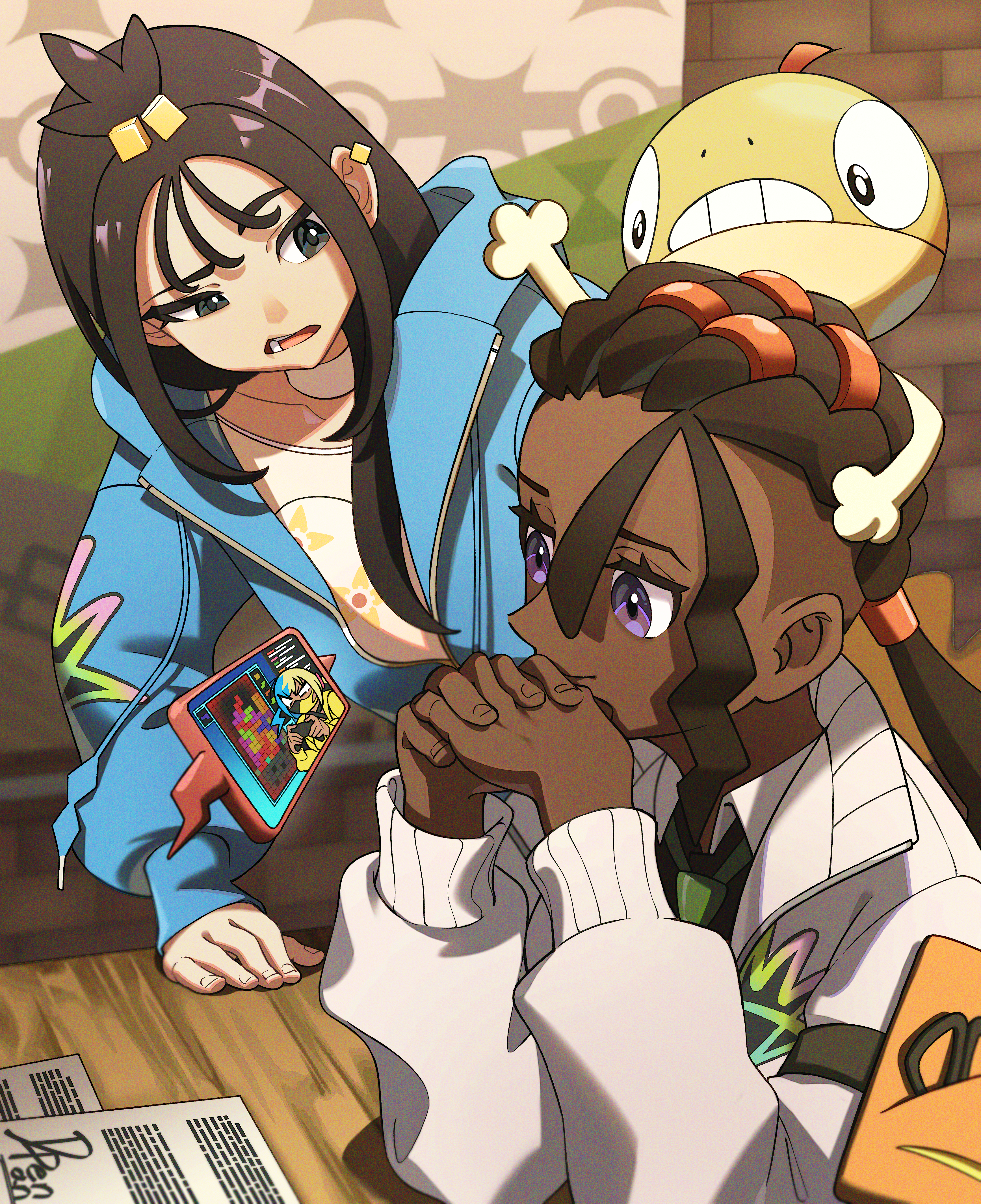 dapenpan, canari (pokemon), lida (pokemon), naveen (pokemon), rotom, rotom phone, scraggy, nintendo, pokemon, pokemon legends: z-a, absurdres, commentary, highres, 1boy, 1girl, blue hoodie, choker, collarbone, cube hair ornament, dark-skinned male, dark skin, earclip, eyelashes, gen 4 pokemon, gen 5 pokemon, hair ornament, hands up, hood, hood down, hoodie, indoors, interlocked fingers, jacket, long hair, long sleeves, on head, open mouth, paper, pokemon (creature), pokemon on head, purple eyes, tassel, topknot, watching, white choker