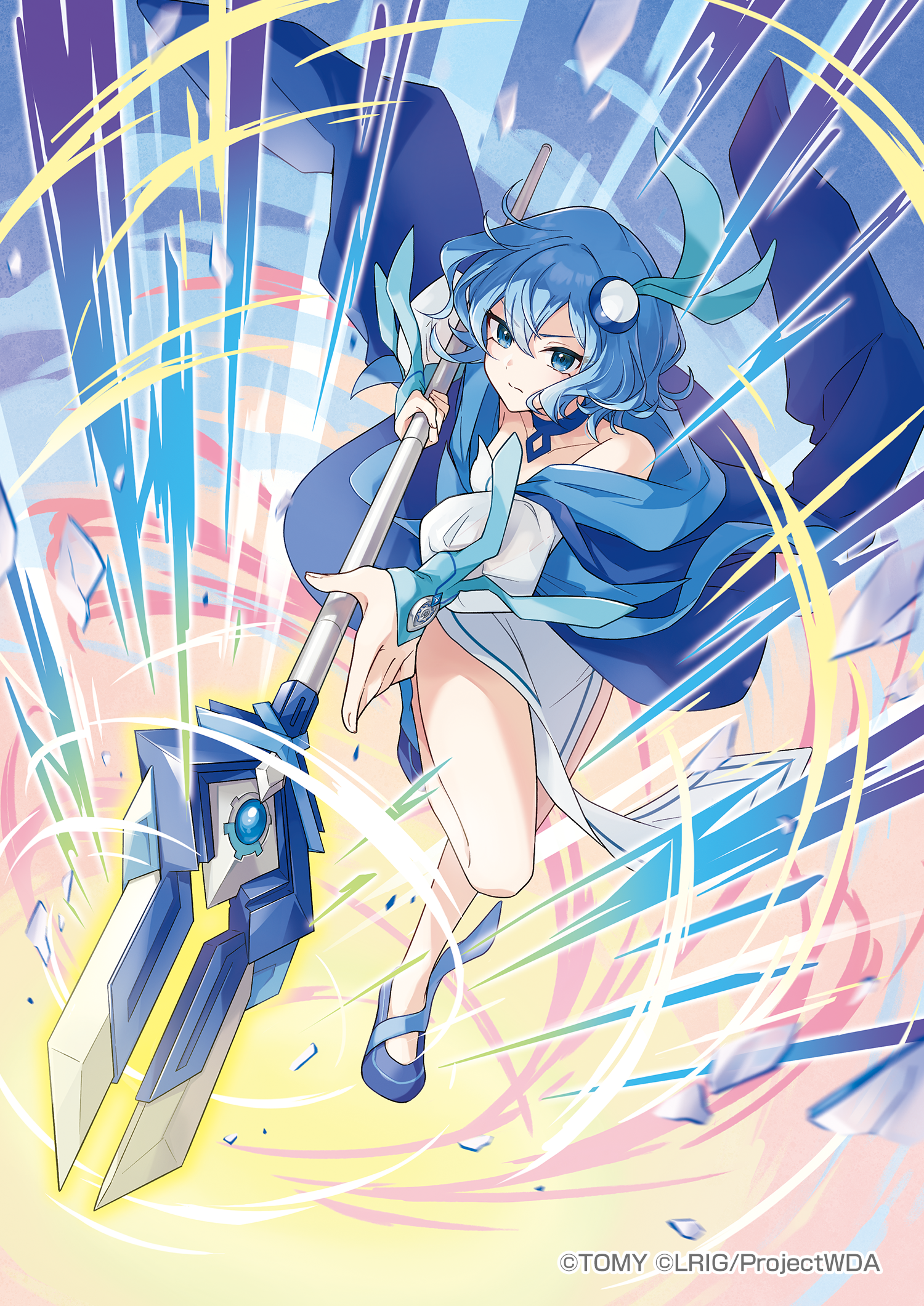 peron (niki2ki884), piruluk, wixoss, highres, official art, 1girl, blue cape, blue choker, blue shoes, cape, choker, closed mouth, copyright notice, dress, holding, holding polearm, holding weapon, lance, looking at viewer, medium hair, polearm, shoes, solo, weapon, white dress