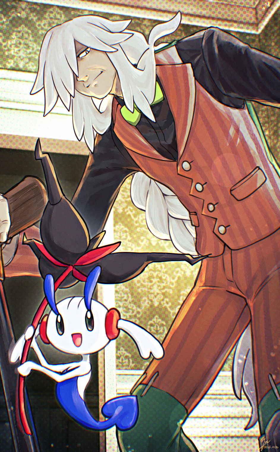 yokosimamanako2, az (pokemon), floette, floette (eternal), nintendo, pokemon, pokemon legends: z-a, commentary request, highres, 1boy, black shirt, bow, bowtie, braid, bright pupils, buttons, cane, closed mouth, from below, gen 6 pokemon, green bow, green bowtie, grey hair, holding, holding cane, hunched over, indoors, long hair, looking down, male focus, pants, pokemon (creature), shirt, smile, stitches, vest