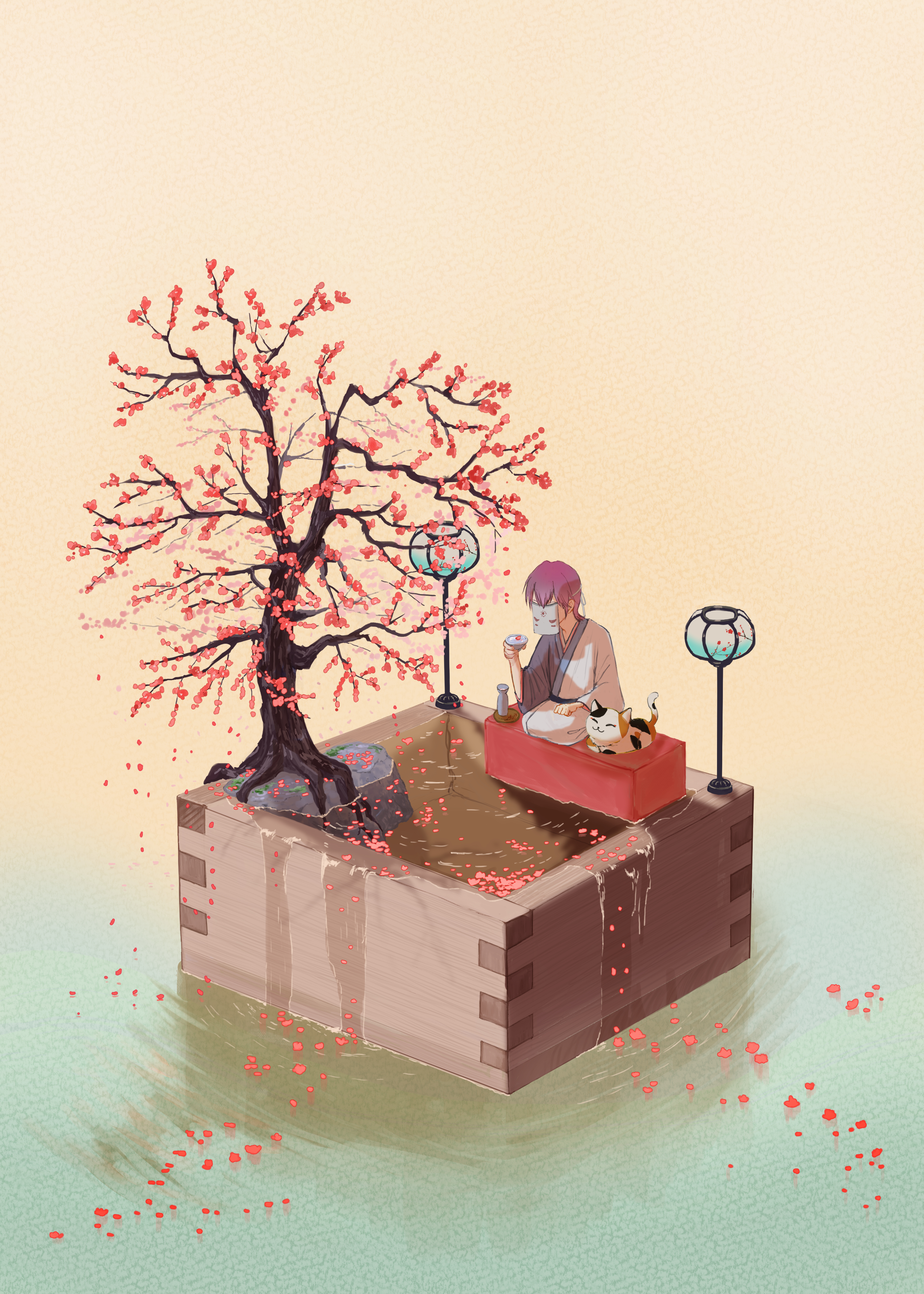 santo moco, original, absurdres, commentary request, highres, 1other, ambiguous gender, animal, bottle, calico (pattern), calico cat, cat, choko (cup), covered face, cup, double-parted bangs, flower, hand up, long sleeves, mask, overflowing, pet, pink hair, plum blossoms, pool, ripples, sake bottle, seiza, short hair, sitting, tree, two-tone kimono, water, wide shot, wide sleeves