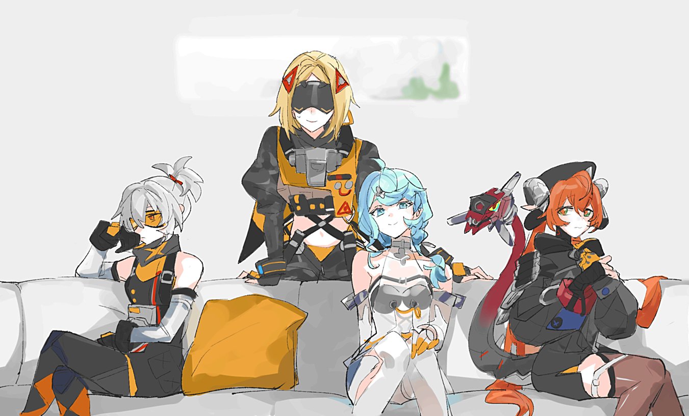 rekka, magus (zenless zone zero), orphie magnusson, seed (zenless zone zero), soldier 11 (zenless zone zero), trigger (zenless zone zero), zenless zone zero, 4girls, blindfold, blonde hair, blue eyes, blue hair, blush, closed mouth, cowboy shot, goggles, hair between eyes, long hair, multiple girls, ponytail, red hair, sidelocks, sitting, smile, white hair