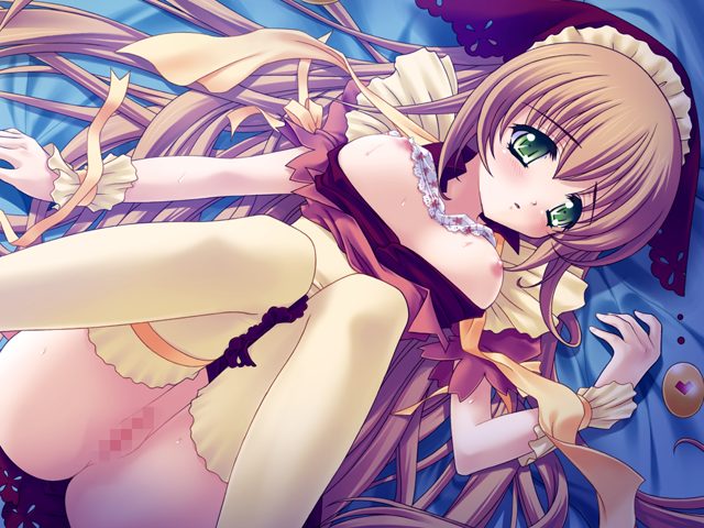 blush, bra, bra lift, breasts, brown hair, censored, clothes lift, green eyes, lying, nipples, open clothes, open shirt, pussy, ribbon, shirt, thighhighs, underwear