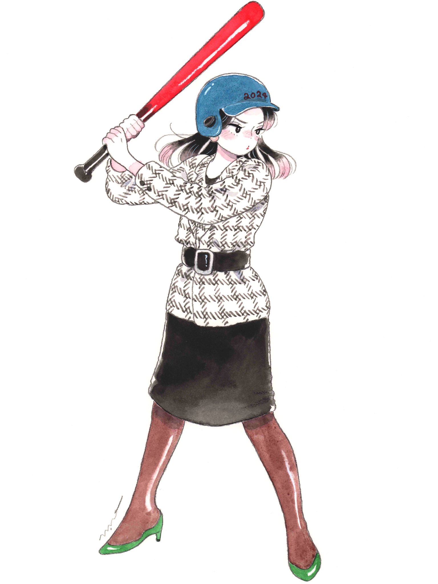 emamemamo33, original, commentary, highres, traditional media, 1girl, 2024, baseball bat, baseball helmet, belted jacket, black eyes, black hair, black skirt, blush, colored skin, full body, green shoes, helmet, high heels, holding, holding baseball bat, jacket, long sleeves, multicolored hair, pantyhose, pink hair, shirt, shoes, signature, simple background, skirt, solo, standing, white background, white jacket, white skin