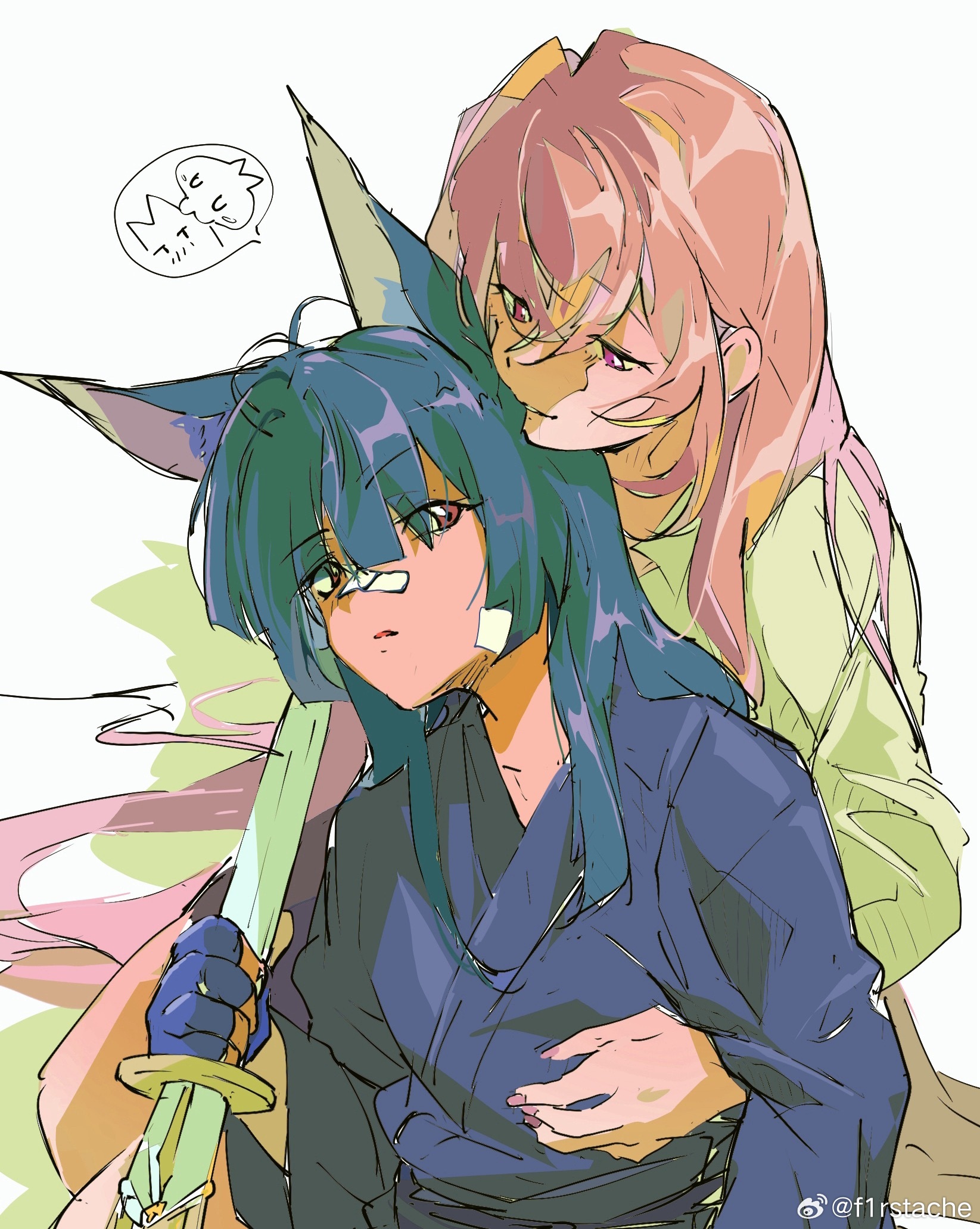 hoshimi miyabi, tsukishiro yanagi, zenless zone zero, highres, 2girls, alternate costume, animal ears, black hair, blunt bangs, f1rstache, fingerless gloves, fox ears, fox girl, gloves, hair between eyes, kissing ear, long hair, multiple girls, pink eyes, pink hair, red eyes, sidelocks, simple background, single fingerless glove, smile, white background, yuri