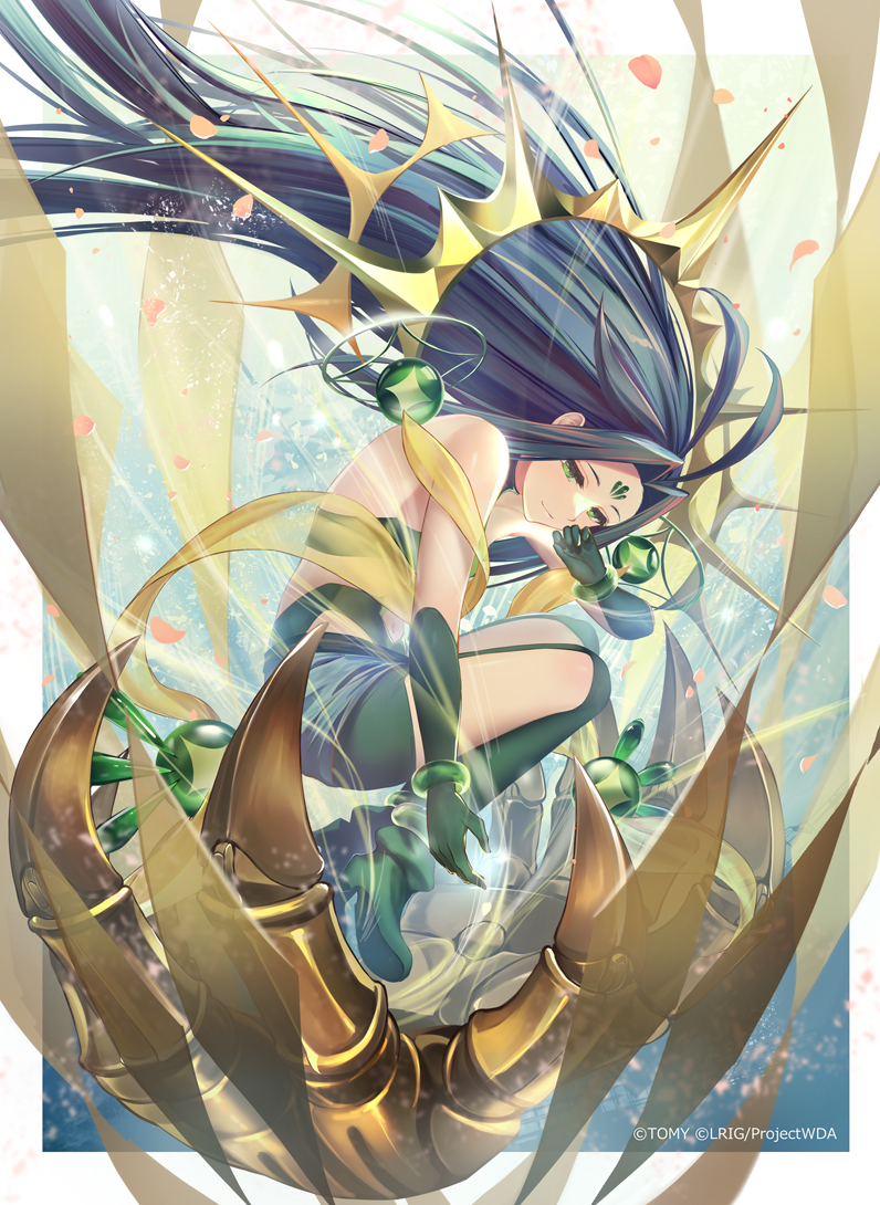 dqn (dqnww), midoriko (wixoss), wixoss, official art, 1girl, boots, closed mouth, copyright notice, elbow gloves, gloves, green boots, green eyes, green garter belt, green hair, green shoes, green shorts, green thighhighs, green tube top, long hair, looking at viewer, shoes, shorts, solo, strapless, thighhighs, tube top, very long hair, white background