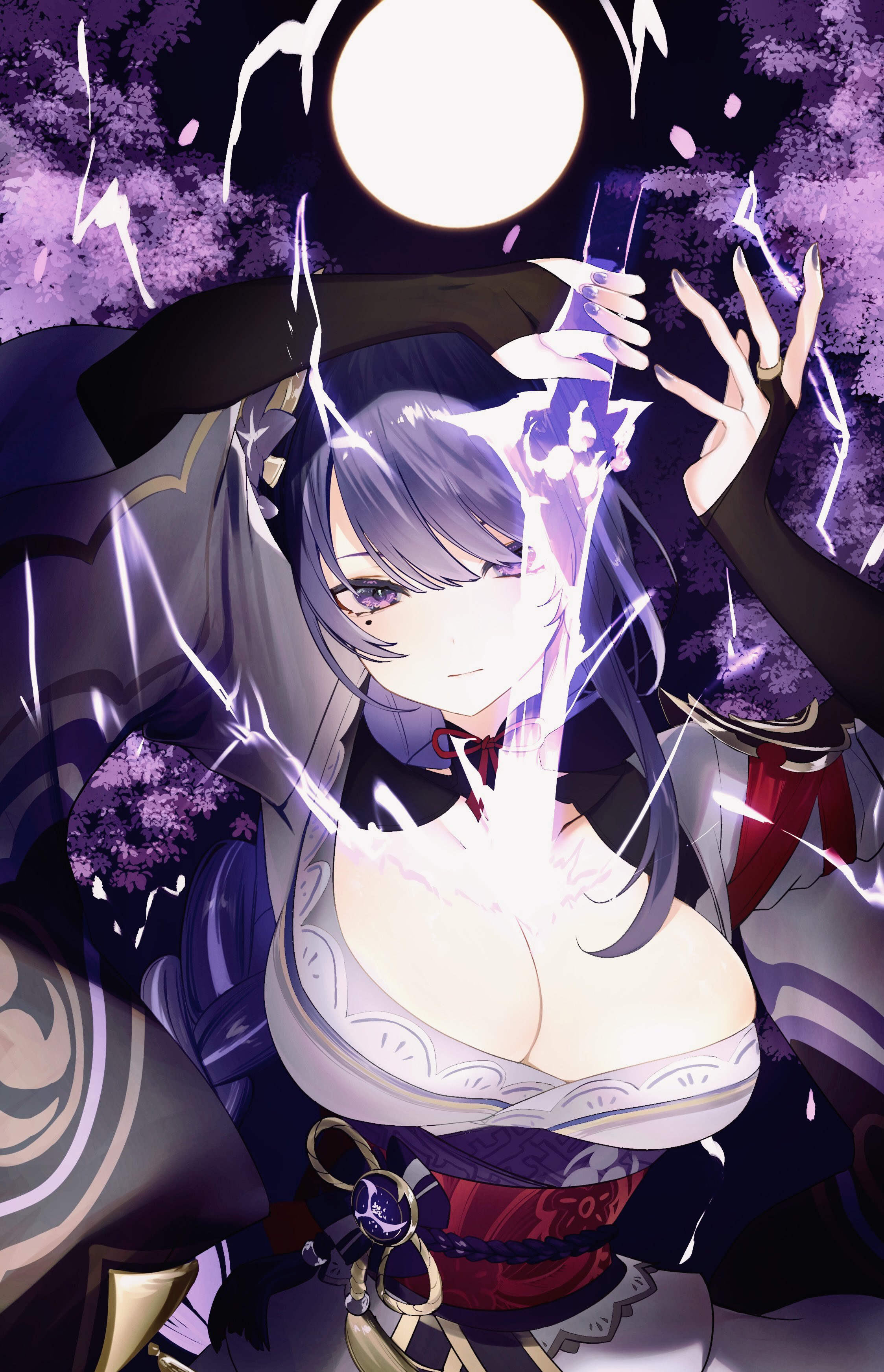 ikasoba, raiden shogun, genshin impact, absurdres, bad id, bad twitter id, commentary request, highres, 1girl, armor, arms up, blue pupils, blunt bangs, braid, breasts, bridal gauntlets, cherry blossoms, cleavage, closed mouth, collarbone, flower, flower ornament, full moon, glowing, glowing sword, glowing weapon, hair ornament, head tilt, holding, holding sword, holding weapon, huge breasts, japanese clothes, katana, kimono, large breasts, long braid, long hair, long sleeves, looking at viewer, mitsudomoe (shape), mole, mole under eye, moon, multicolored eyes, multicolored hair, musou isshin (genshin impact), night, night sky, off shoulder, outdoors, purple background, purple eyes, purple flower, purple hair, purple kimono, purple nails, red sash, sash, shoulder armor, single braid, sky, solo, streaked hair, sword, tomoe (symbol), tree, upper body, weapon, wide sleeves