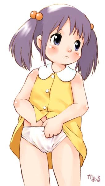 tsuzuki kazuhiko, 1girl, black hair, blush, clothes lift, dress, dress lift, grey eyes, hair bobbles, hair ornament, hand in panties, loli, long hair, looking to the side, panties, sleeveless, sleeveless dress, standing, twintails, underwear, white background, white panties, yellow dress