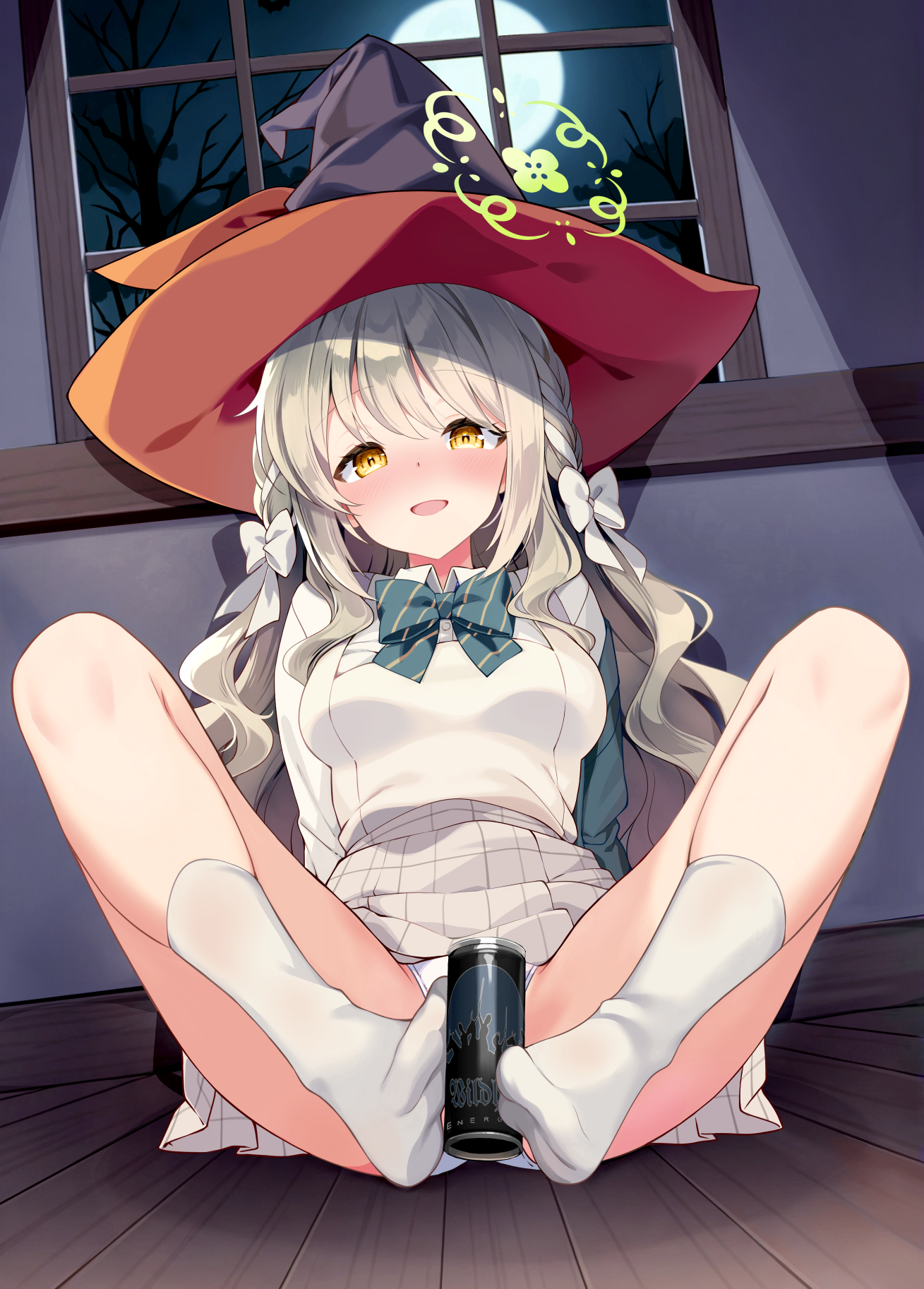 rei (rei's room), miyo (blue archive), blue archive, commentary request, highres, 1girl, bow, bowtie, can, full moon, green bow, green bowtie, green halo, grey hair, halloween, halo, hat, indoors, long hair, looking at viewer, moon, night, night sky, open mouth, panties, sky, smile, socks, solo, striped bow, striped bowtie, striped clothes, underwear, white panties, white socks, window, witch hat, yellow eyes