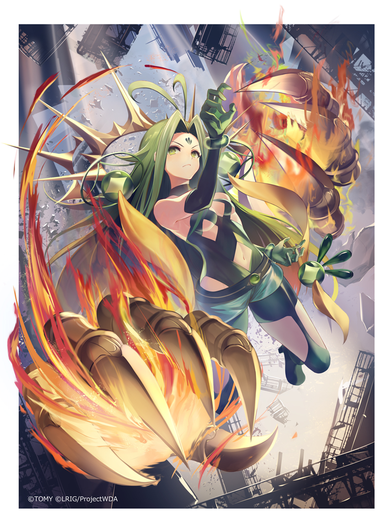 dqn (dqnww), midoriko (wixoss), wixoss, official art, 1girl, antenna hair, clothing cutout, copyright notice, diamond cutout, elbow gloves, gloves, green eyes, green garter straps, green gloves, green hair, green leotard, green shoes, green shorts, green theme, high heels, leotard, long hair, looking at viewer, ponytail, shoes, shorts, solo, very long hair