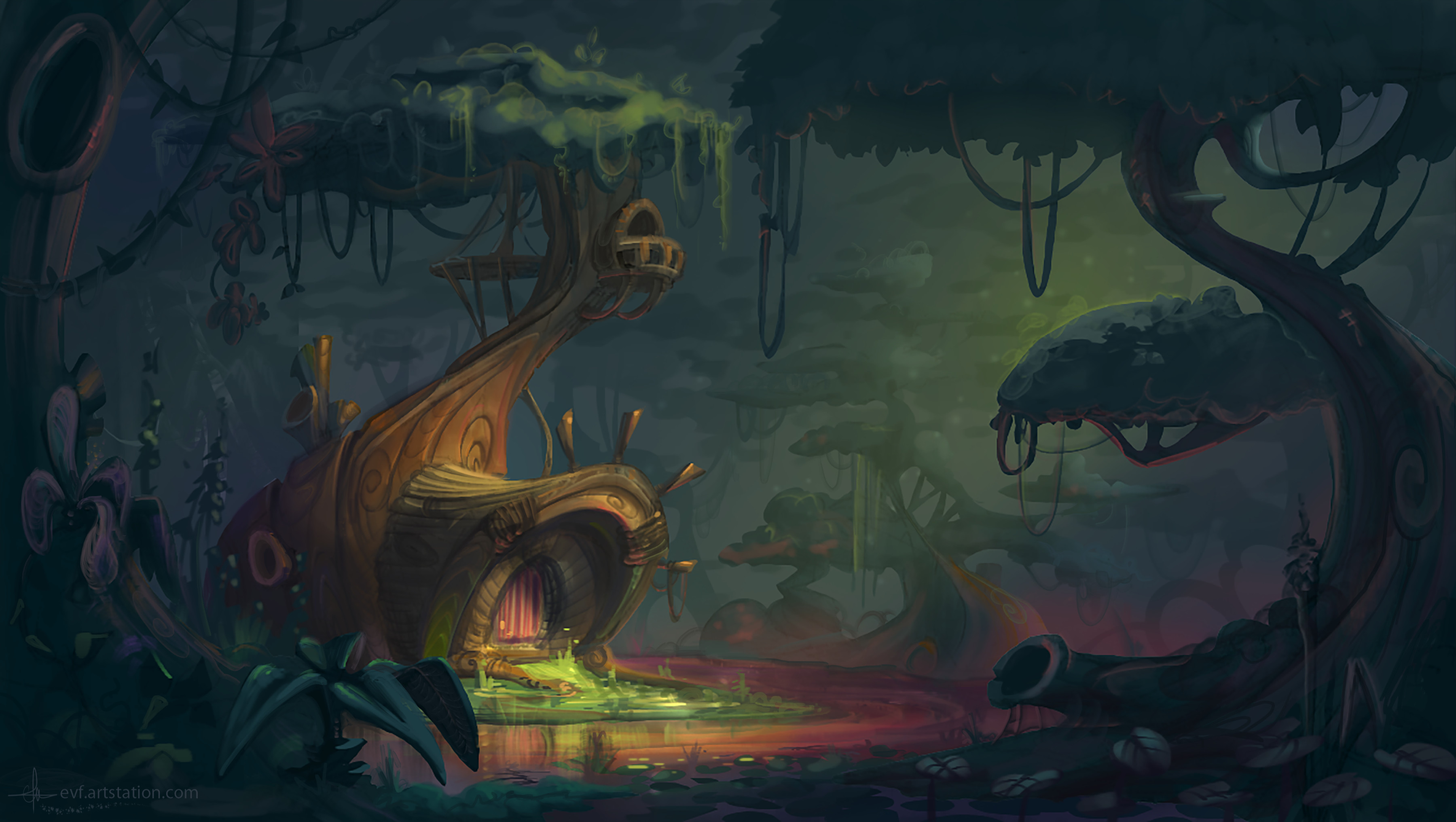 original, absurdres, commentary, english commentary, highres, architecture, emilie vaccarini, fantasy, forest, jungle, nature, night, no humans, outdoors, river, scenery, tree, watermark