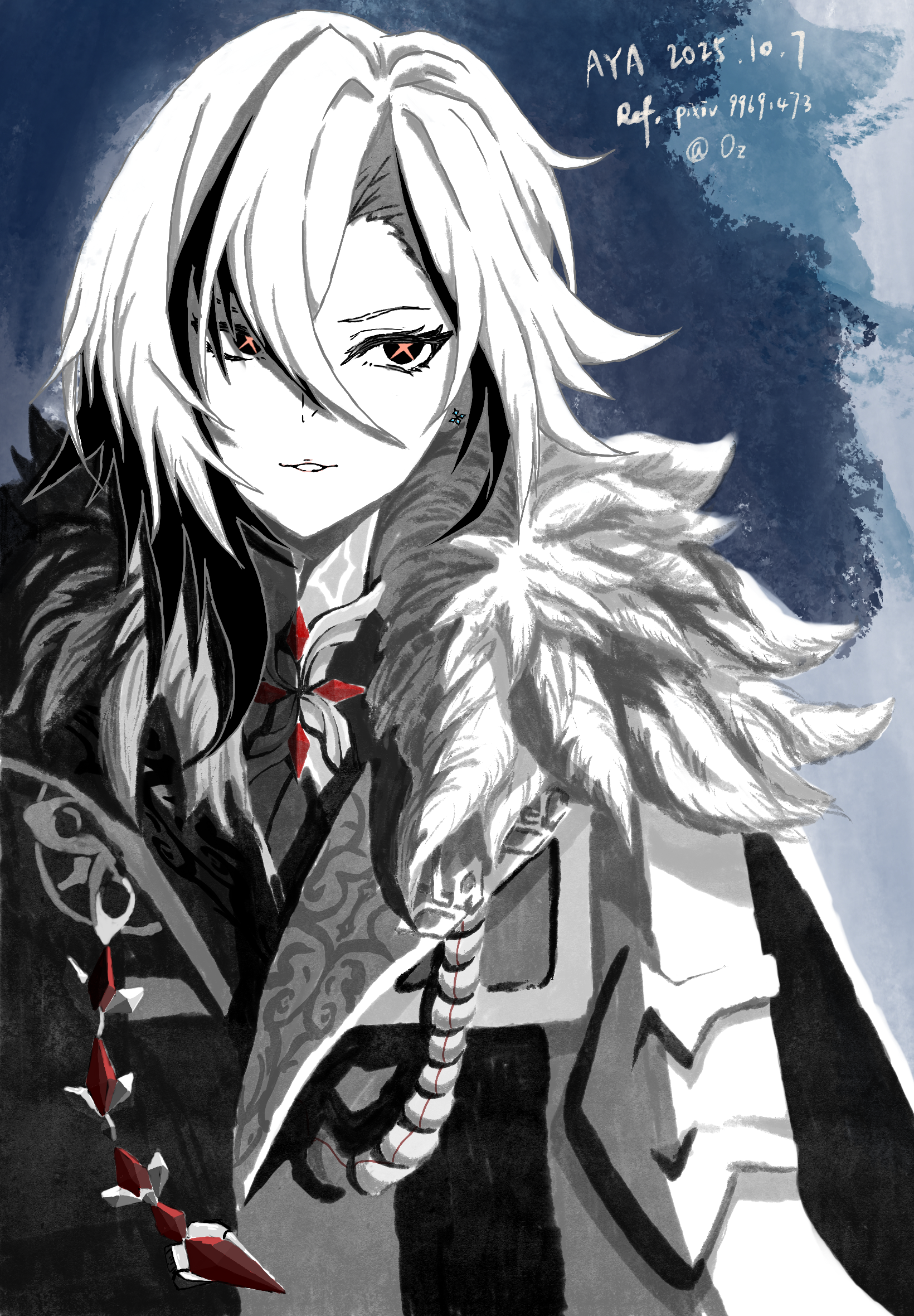 arlecchino (genshin impact), genshin impact, highres, black eyes, black hair, coat, fatui coat, flower-shaped pupils, fur-trimmed coat, fur trim, multicolored hair, streaked hair, symbol-shaped pupils, white coat, white hair, x-shaped pupils