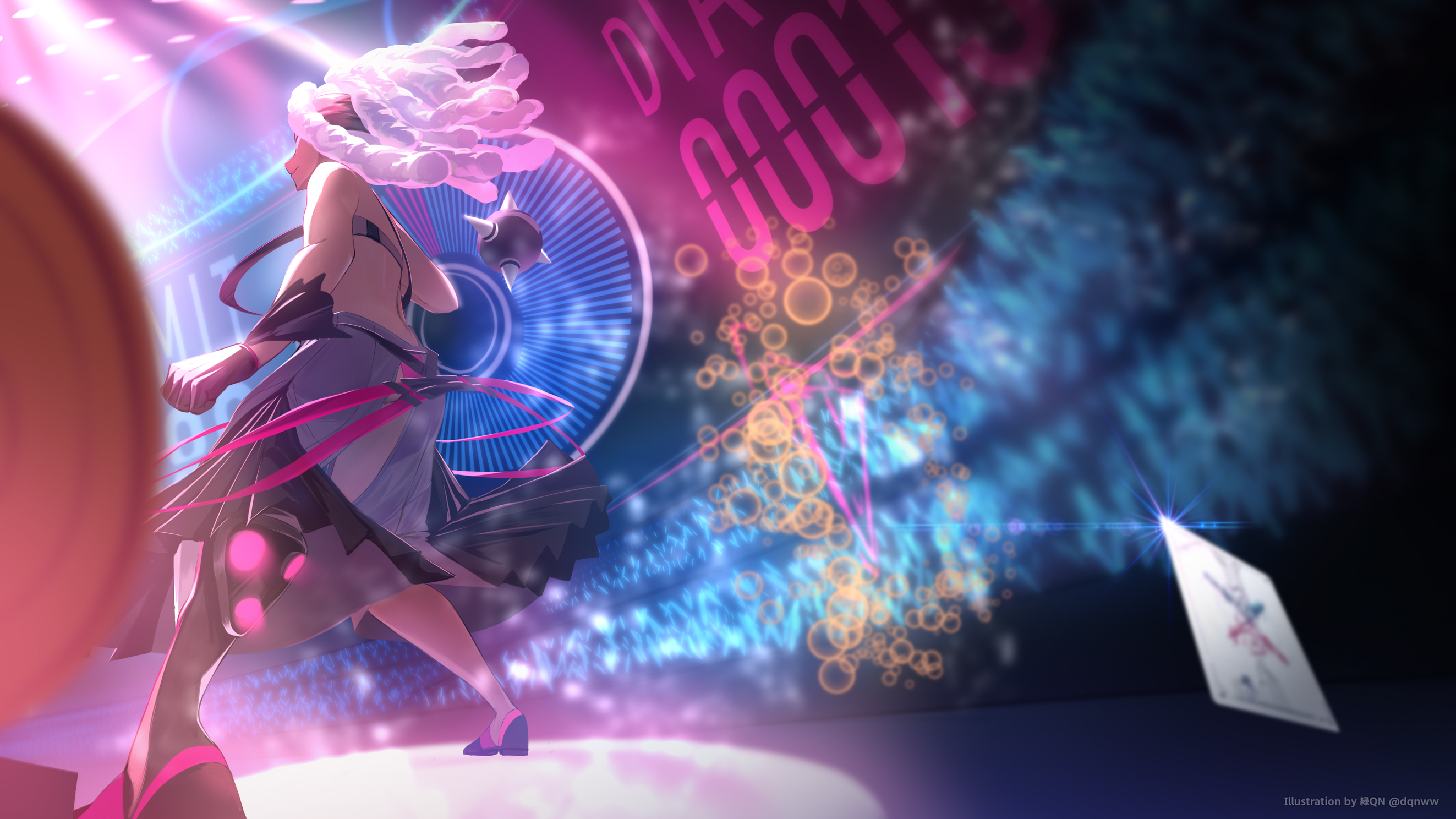 dqn (dqnww), wixoss, highres, official art, 1girl, black gloves, black shoes, black skirt, card, copyright notice, crowd, dark-skinned female, dark skin, dreadlocks, gloves, holding, holding shield, medium hair, mujika yotogi, see-through clothes, see-through skirt, shield, shoes, single thighhigh, skirt, solo, stage, thighhighs, trading card, white hair