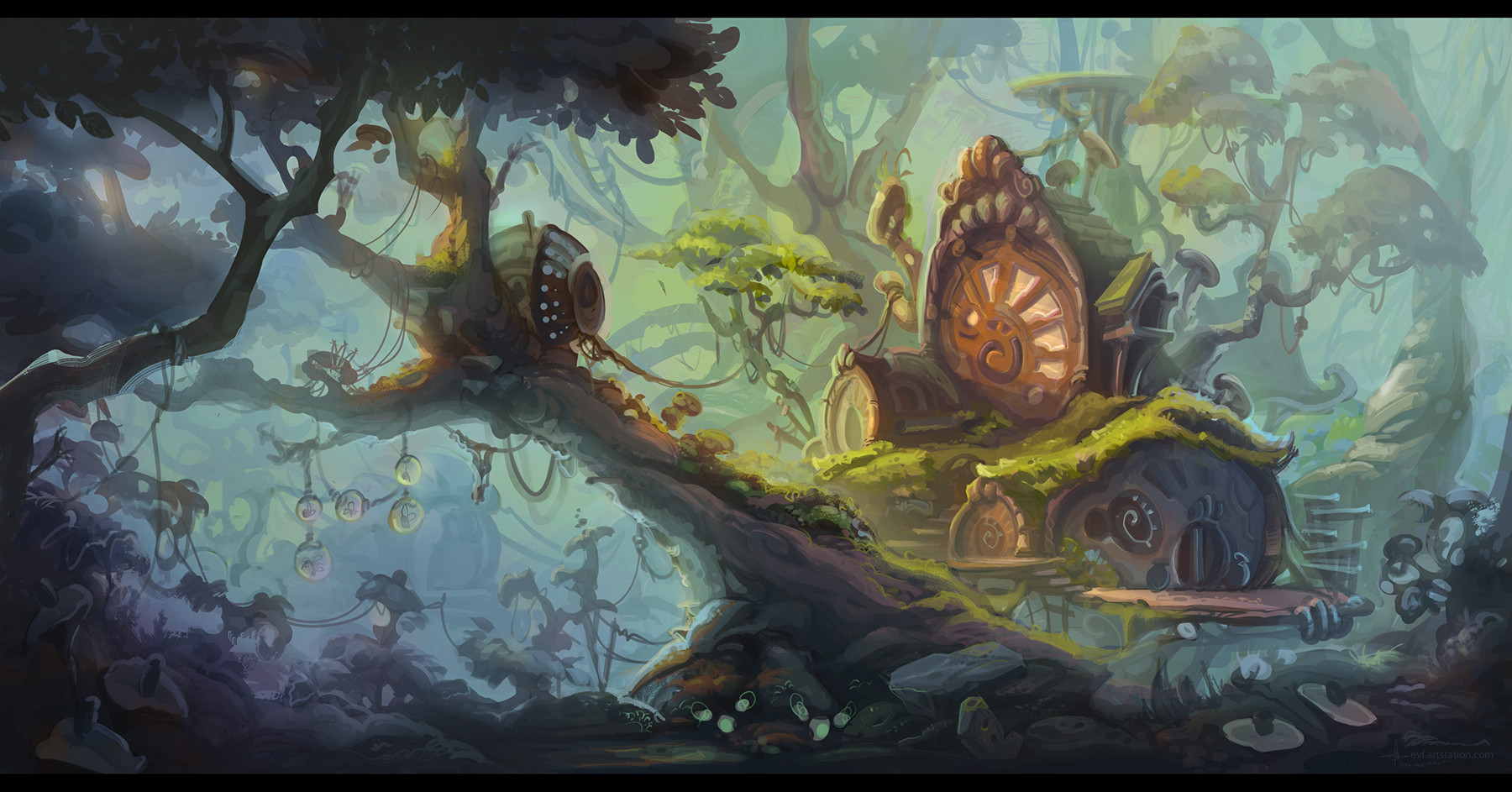 original, commentary, english commentary, highres, architecture, day, emilie vaccarini, fantasy, forest, letterboxed, nature, no humans, outdoors, scenery, tree, watermark