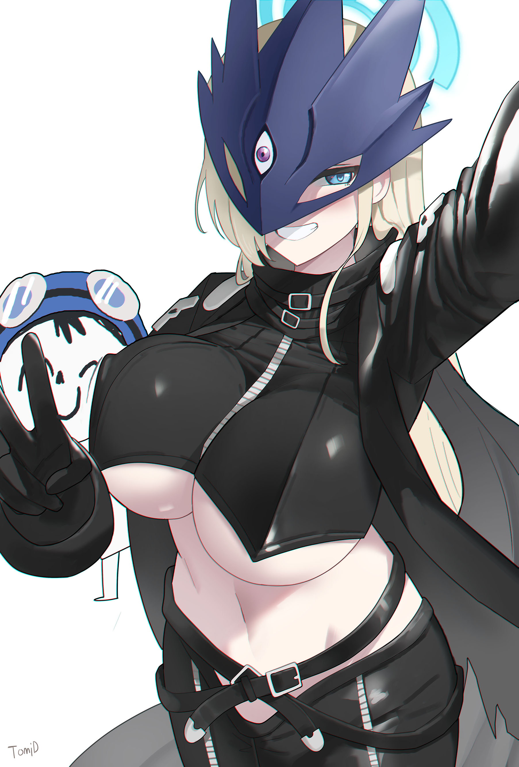tomid, asuna (blue archive), beelstarmon, doodle sensei (blue archive), sensei (blue archive), blue archive, digimon, absurdres, highres, 1boy, 1girl, beelstarmon (cosplay), black coat, black pants, black shirt, blonde hair, blue eyes, blue halo, blue hat, blue mask, breasts, coat, cosplay, crop top, goggles, goggles on head, grin, groin, hair over one eye, halo, hat, large breasts, leather, leather coat, leather pants, looking at viewer, navel, open clothes, open coat, pants, shirt, smile, third eye (costume), underboob, v