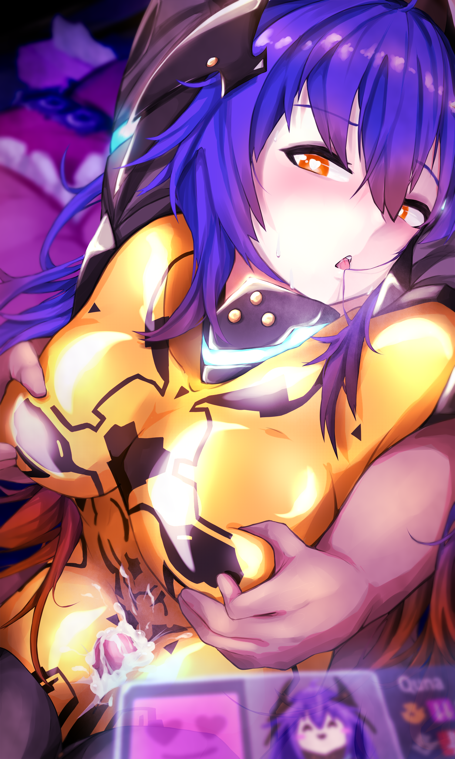 deltapluto, quna (pso2), zelsius, phantasy star, phantasy star online 2, absurdres, commentary, highres, 1boy, 1girl, arms up, black trim, blue hair, blush, bodysuit, breasts, bright pupils, character name, cum, cum on body, cum on legs, grabbing another's breast, gradient hair, groping, hair between eyes, hair in own mouth, headgear, heart, heart-shaped pupils, hetero, holographic interface, impossible bodysuit, impossible clothes, large breasts, long hair, multicolored hair, open mouth, orange eyes, orange hair, penis, shiny clothes, sidelocks, sitting, sitting on person, sweat, symbol-shaped pupils, thigh sex, tongue, twintails, two-tone hair, white pupils, yellow bodysuit