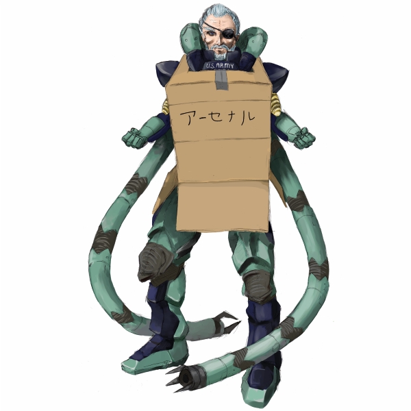 nekomori don, cardboard box gundam, solidus snake, konami, metal gear (series), metal gear solid 2: sons of liberty, 1boy, beard, box, cardboard box, eyepatch, facial hair, male focus, meme, parody, solo, tentacles