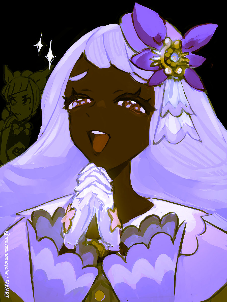 mayotsunamayo, jacinthe (pokemon), lebanne (pokemon), nintendo, pokemon, pokemon legends: z-a, commentary, highres, 2girls, :d, brown eyes, dark-skinned female, dark skin, eyelashes, gloves, hair ornament, half-closed eyes, hands up, happy, interlocked fingers, long sleeves, looking up, multiple girls, open mouth, own hands together, smile, sparkle, teeth, tongue, twitter username, upper teeth only, watermark