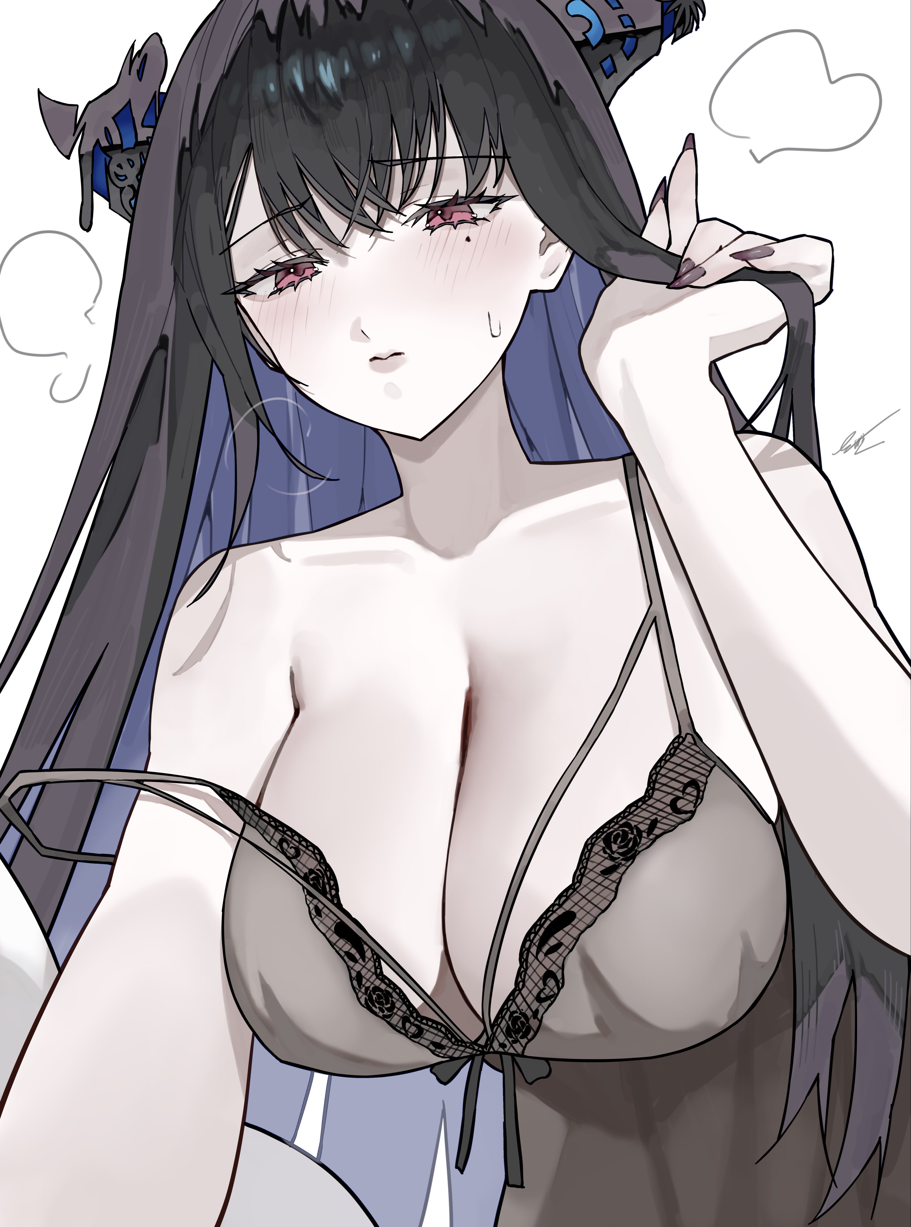 ewn, nerissa ravencroft, hololive, hololive english, absurdres, highres, 1girl, asymmetrical horns, babydoll, bare shoulders, black babydoll, black hair, black nails, blue hair, blush, breasts, cleavage, closed mouth, collarbone, colored inner hair, crystal horns, demon horns, flower, hair between eyes, hair ornament, holding, holding ladle, holding whisk, horn flower, horns, lace-trimmed babydoll, lace trim, ladle, large breasts, lingerie, long hair, looking at viewer, mole, mole under eye, multicolored hair, red eyes, simple background, solo, sweatdrop, tassel, tassel hair ornament, two-tone hair, underwear, uneven horns, upper body, very long hair, virtual youtuber, whisk, white background