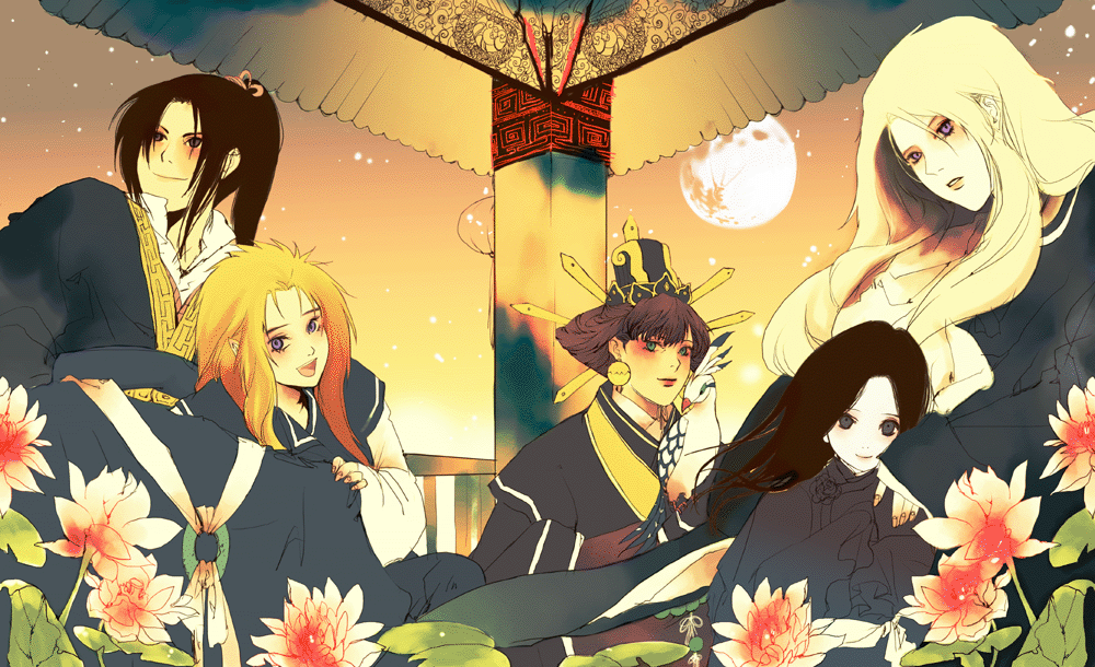 camayu, enki (juuni kokuki), keiki (juuni kokuki), king en (juuni kokuki), nakajima youko, shoryu, taiki (juuni kokuki), juuni kokuki, bad id, bad pixiv id, 1girl, 4boys, animal on arm, bird, bird on arm, black eyes, black hair, blonde hair, changpao, chinese clothes, dress, earrings, flower, formal clothes, green eyes, hair ornament, hanfu, hat, jewelry, lips, long hair, moon, multiple boys, purple eyes, red hair, short hair, sky, smile