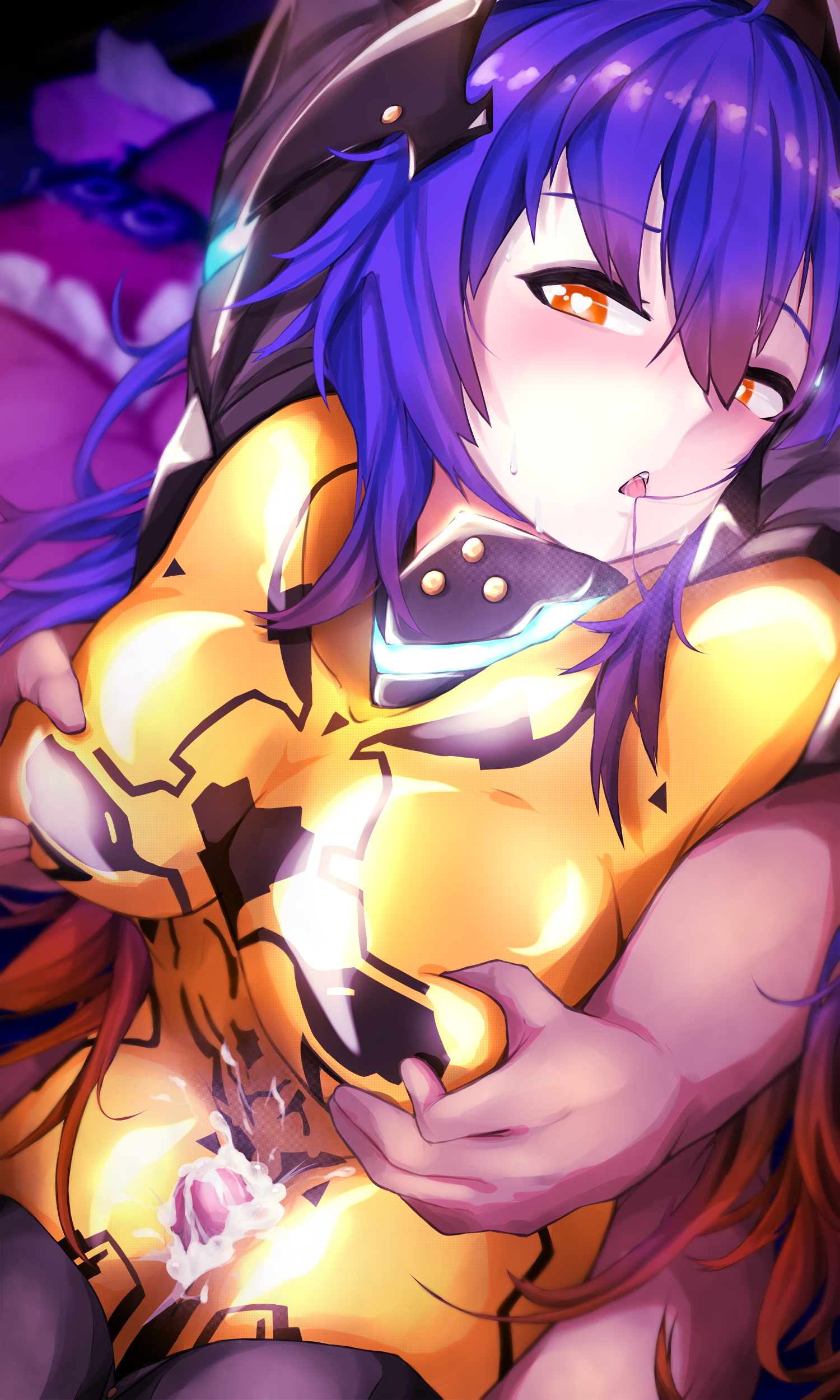 deltapluto, quna (pso2), zelsius, phantasy star, phantasy star online 2, absurdres, commentary, highres, 1boy, 1girl, arms up, black trim, blue hair, blush, bodysuit, breasts, bright pupils, cum, cum on body, cum on legs, grabbing another's breast, gradient hair, groping, hair between eyes, hair in own mouth, headgear, heart, heart-shaped pupils, hetero, impossible bodysuit, impossible clothes, large breasts, long hair, multicolored hair, open mouth, orange eyes, orange hair, penis, shiny clothes, sidelocks, sitting, sitting on person, sweat, symbol-shaped pupils, thigh sex, tongue, twintails, two-tone hair, white pupils, yellow bodysuit