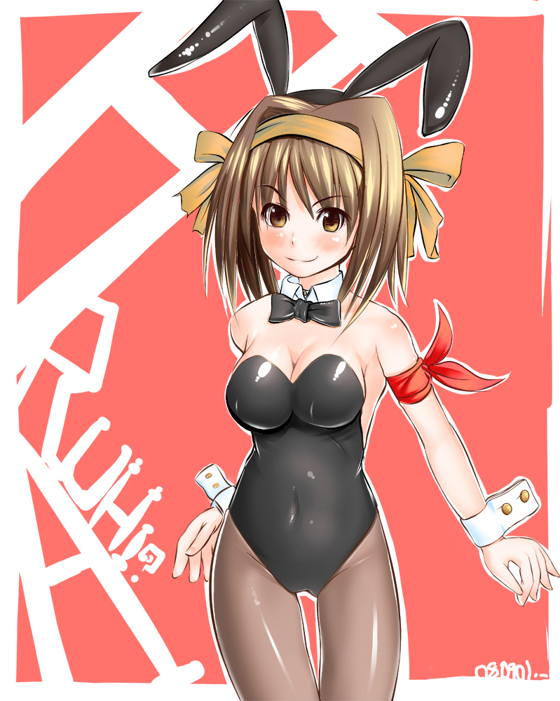 kosaka donten, suzumiya haruhi, suzumiya haruhi no yuuutsu, 00s, 1girl, animal ears, armband, breasts, brown eyes, brown hair, cleavage, fake animal ears, female focus, large breasts, pantyhose, playboy bunny, rabbit ears, short hair, solo, thigh gap, thighs
