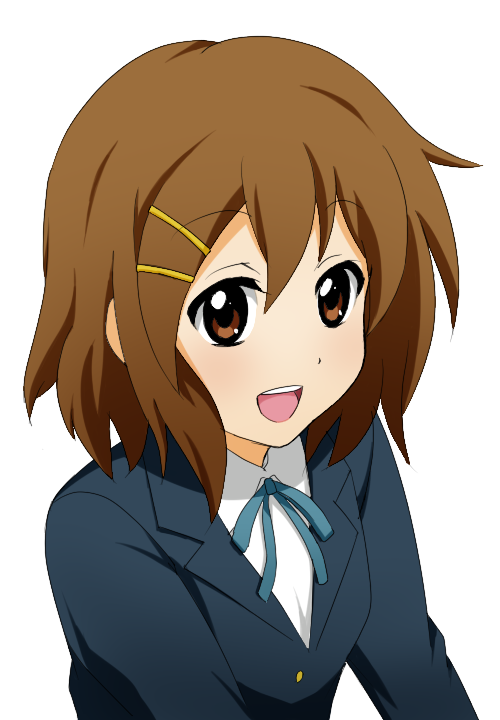 yoshi (santa01), hirasawa yui, k-on!, 00s, 1girl, brown eyes, brown hair, female focus, school uniform, short hair, simple background, solo, white background