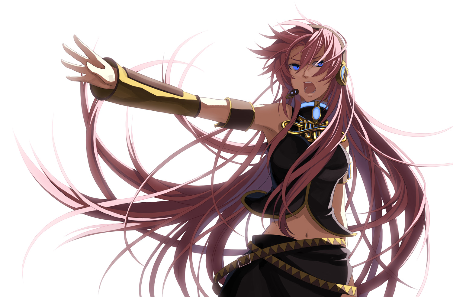 osamu (jagabata), megurine luka, vocaloid, bad id, bad pixiv id, 1girl, female focus, glowing, headphones, long hair, navel, open mouth, outstretched arm, pink hair, serious, simple background, solo, very long hair, white background