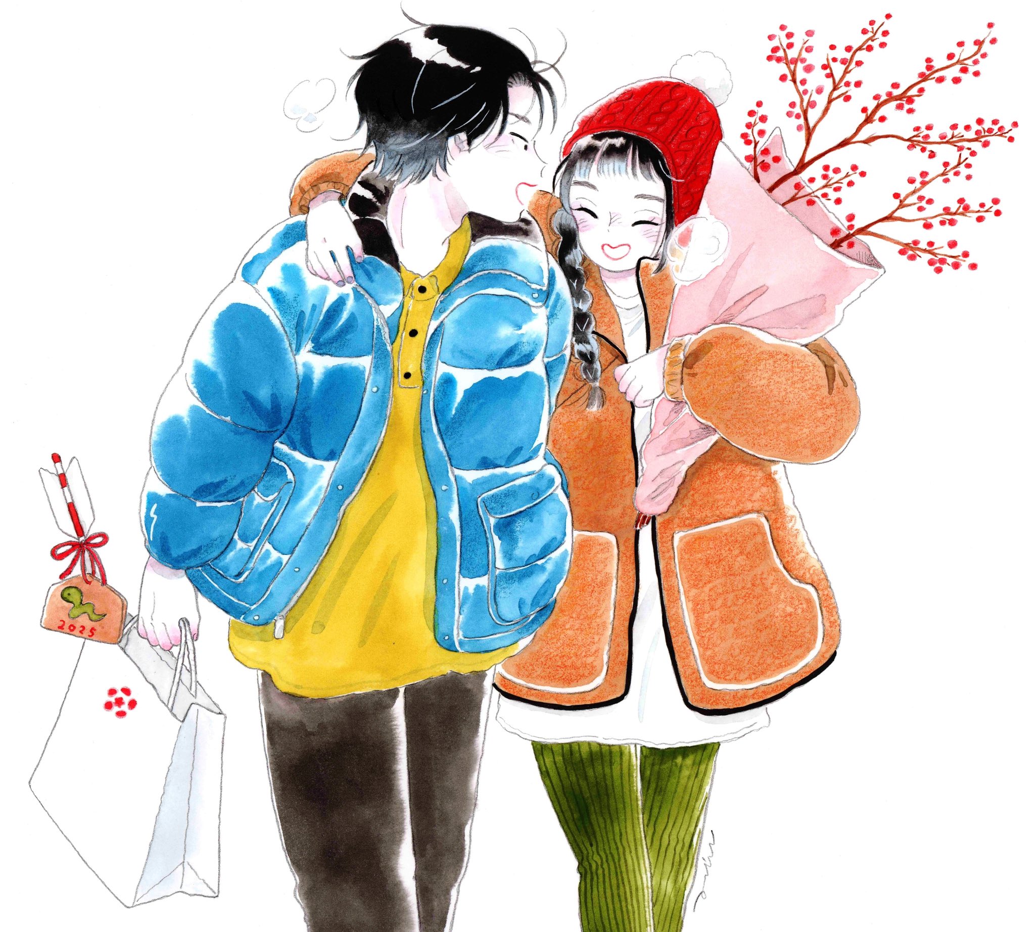 emamemamo33, original, commentary, highres, traditional media, 1boy, 1girl, 2025, arm around shoulder, arrow (projectile), bag, beanie, black eyes, black hair, black pants, blue jacket, blush, bouquet, braid, cable knit, chinese zodiac, closed eyes, collared shirt, colored skin, down jacket, flower, green pants, grey nails, hat, hatsumoude, holding, holding bouquet, jacket, looking at another, nail polish, new year, orange jacket, pants, paper bag, pom pom (clothes), pom pom beanie, red bean, shirt, shopping, short hair, simple background, single braid, white background, white bag, white shirt, white skin, year of the snake
