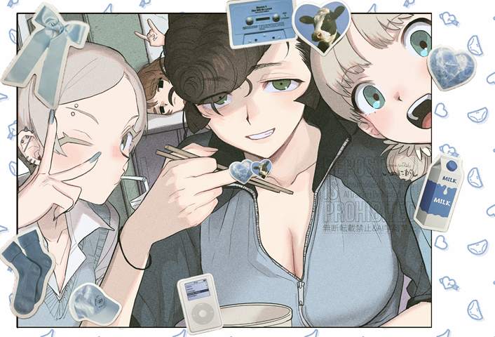 katsuoboshi, aki (girls und panzer), ari (girls und panzer), mika (girls und panzer), yuri (girls und panzer), girls und panzer, commentary, 4girls, chopsticks, eyebrow piercing, face piercing, middle finger, multiple girls, multiple piercings, one eye closed, open mouth, piercing, pompadour, v