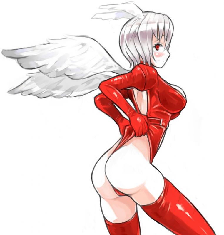 ultima (fft), final fantasy, final fantasy tactics, silver hair, blush, bodysuit, breasts, head wings, red eyes, short hair, thighhighs, wings