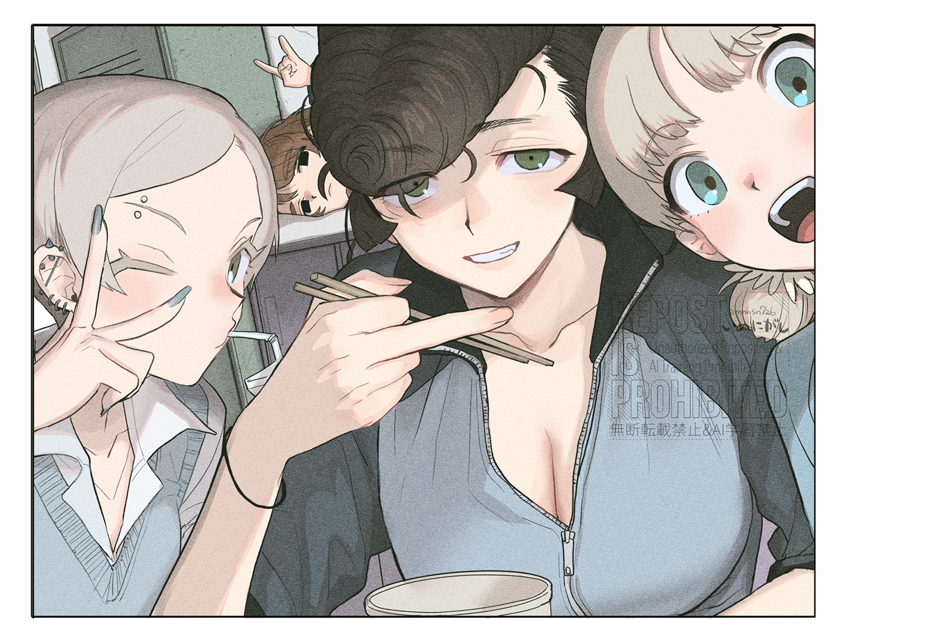 katsuoboshi, aki (girls und panzer), ari (girls und panzer), mika (girls und panzer), yuri (girls und panzer), girls und panzer, commentary, 4girls, chopsticks, eyebrow piercing, face piercing, middle finger, multiple girls, multiple piercings, one eye closed, open mouth, piercing, pompadour, v