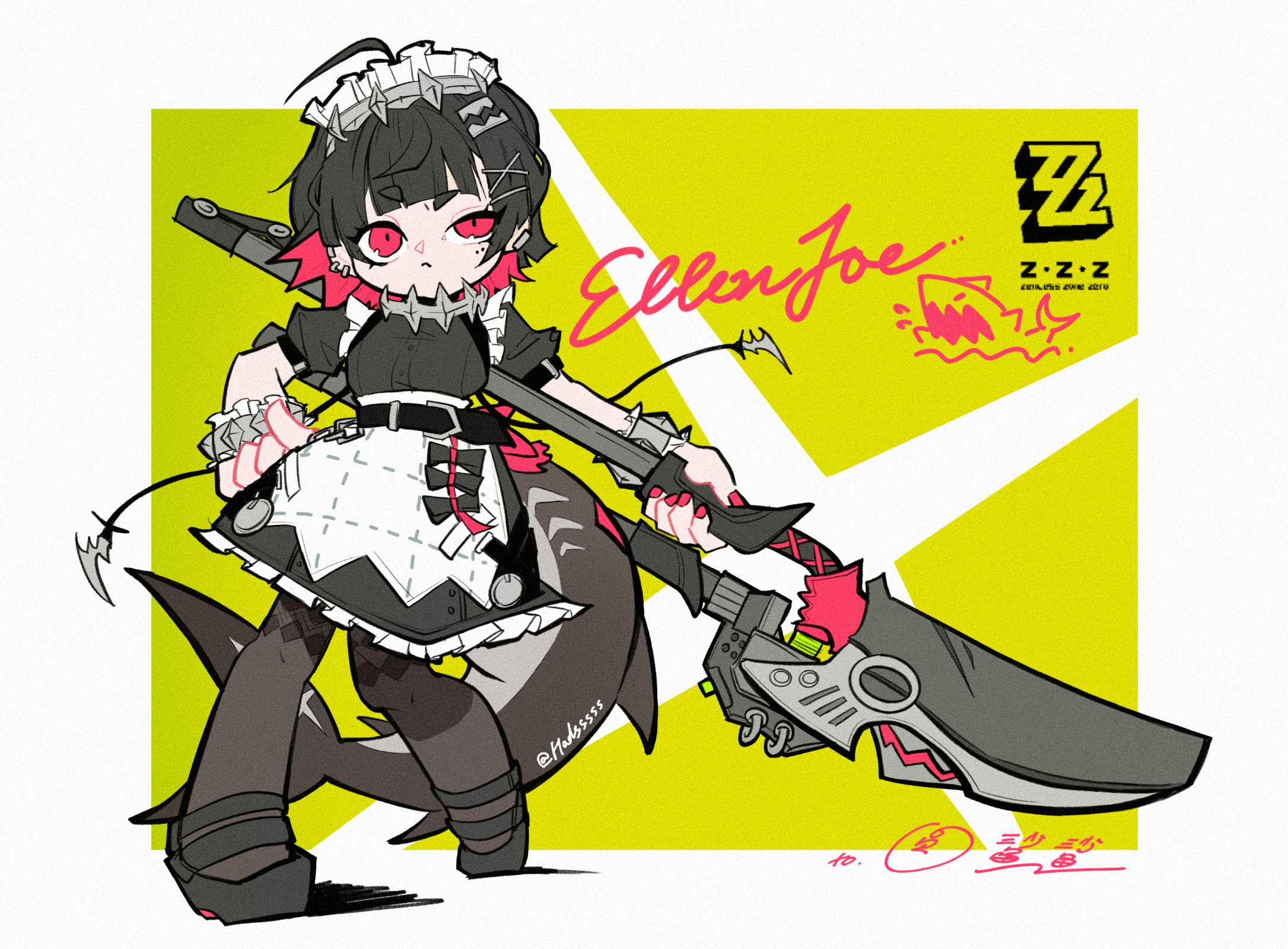 ellen joe, zenless zone zero, commentary request, highres, translation request, 1girl, ahoge, autis tic, belt, black bow, black hair, black pantyhose, black shoes, bow, character name, colored inner hair, copyright name, earclip, earrings, fins, fish tail, frilled wristband, green background, hairband, half-closed eye, hand on own hip, holding, holding weapon, jewelry, legs apart, looking at viewer, maid, maid headdress, metal hairband, mole, mole under eye, multicolored hair, open mouth, pantyhose, patterned legwear, razor blade hair ornament, red eyes, red nails, scar, scar on tail, shark, shark girl, shark tail, shoes, short eyebrows, short hair, solo, spiked headband, tail, thick eyebrows, twitter username, weapon