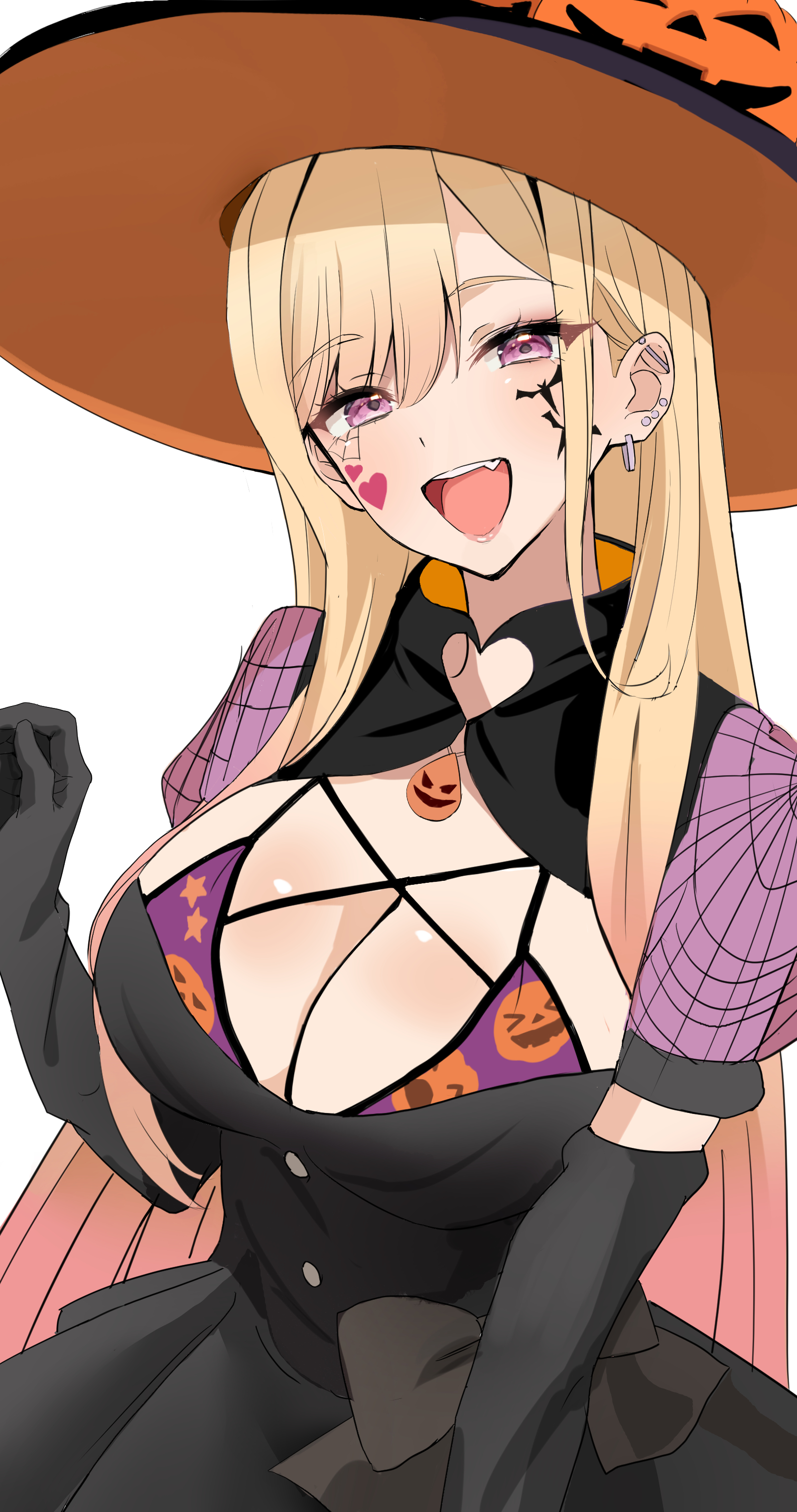 nakano kura, kitagawa marin, sono bisque doll wa koi wo suru, absurdres, highres, revision, 1girl, black dress, blonde hair, breasts, cleavage, cowboy shot, dress, earrings, facial mark, halloween, hat, heart, heart facial mark, jewelry, large breasts, long hair, open mouth, orange hat, red eyes, simple background, solo, white background