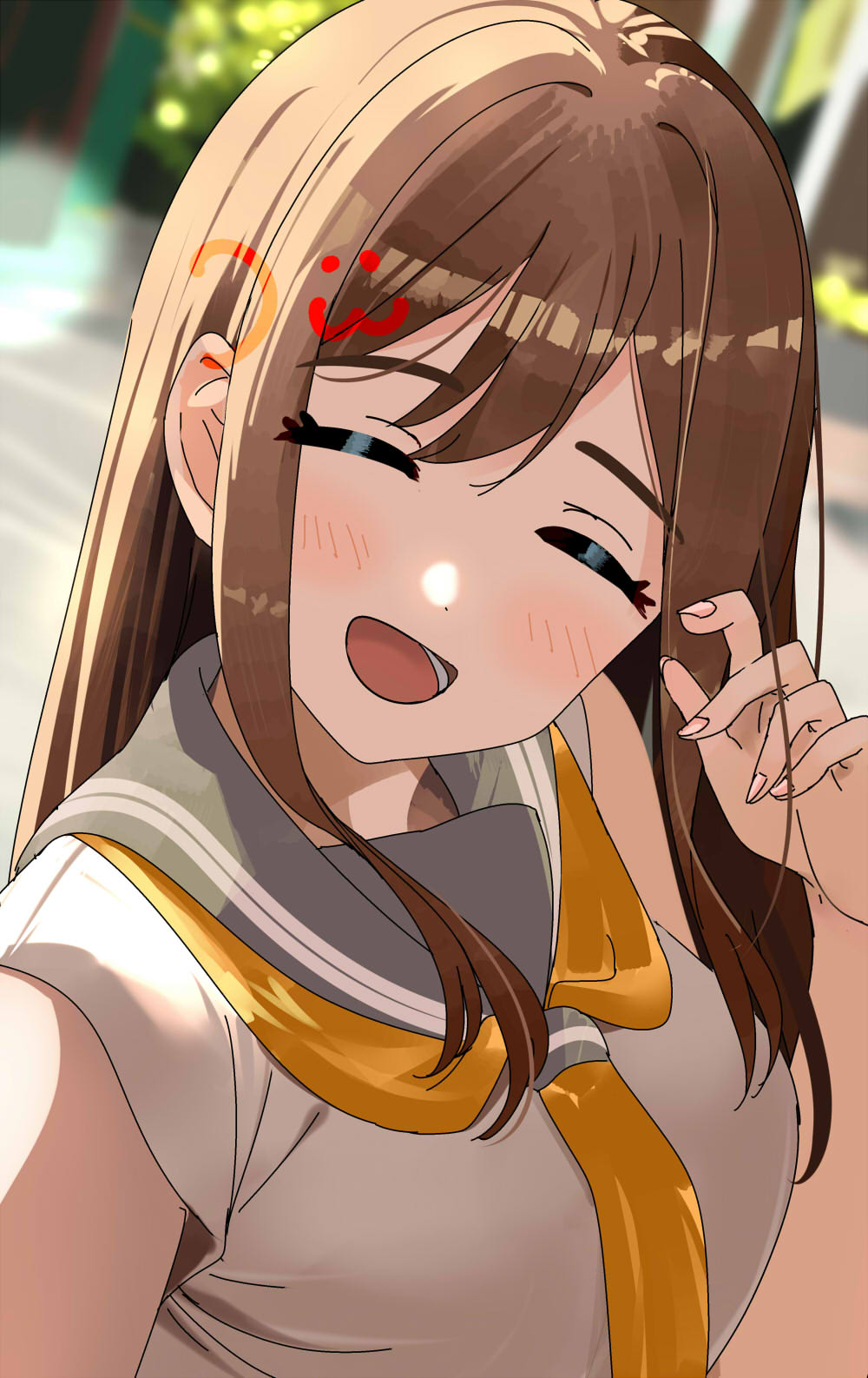 bunbun (midukikome), kunikida hanamaru, love live!, love live! sunshine!!, commentary request, highres, 1girl, brown hair, closed eyes, grey sailor collar, light blush, long hair, neckerchief, open mouth, outdoors, sailor collar, school uniform, shirt, smile, solo, summer uniform, sunlight, uranohoshi school uniform, white shirt, yellow neckerchief