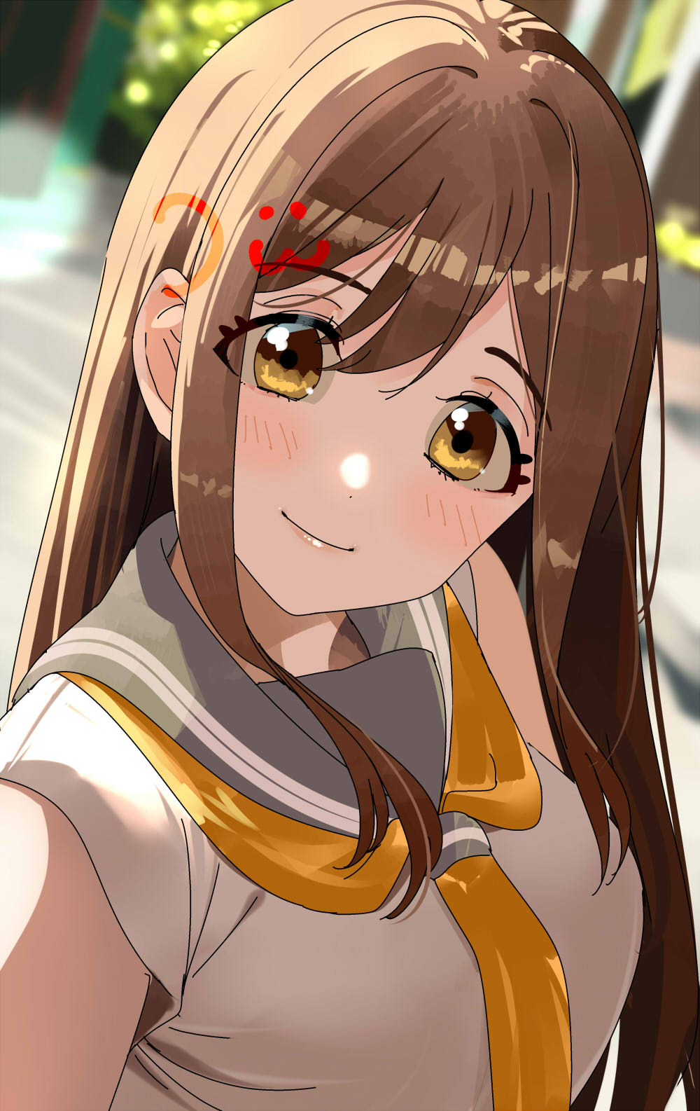 bunbun (midukikome), kunikida hanamaru, love live!, love live! sunshine!!, commentary request, highres, 1girl, brown eyes, brown hair, grey sailor collar, light blush, long hair, looking at viewer, neckerchief, outdoors, sailor collar, school uniform, shirt, smile, solo, summer uniform, sunlight, uranohoshi school uniform, white shirt, yellow neckerchief