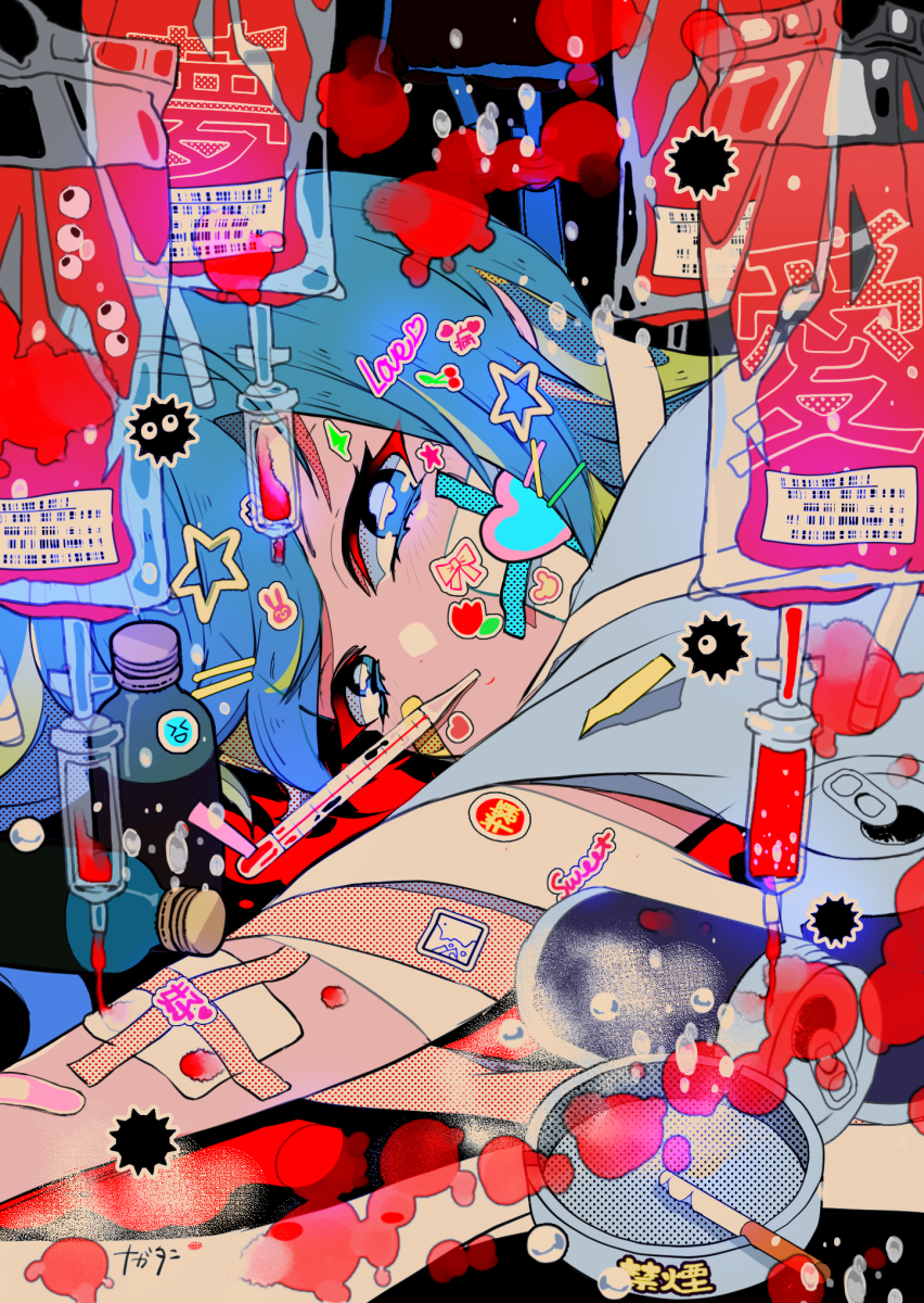 magatan, susuwatari, original, highres, translated, 1girl, acid trip, ashtray, bandaid, bandaid on face, blood, blood bag, blood splatter, blue eyes, can, cigarette, colorful, decora, drink can, drugged, drugs, holographic clothing, intravenous drip, iv stand, medicine, medicine bottle, pill, pill bottle, pill hair ornament, school uniform, sick, smoke, sticker, sticker on face, surreal, syringe, tears, thermometer, too many hair ornaments, what