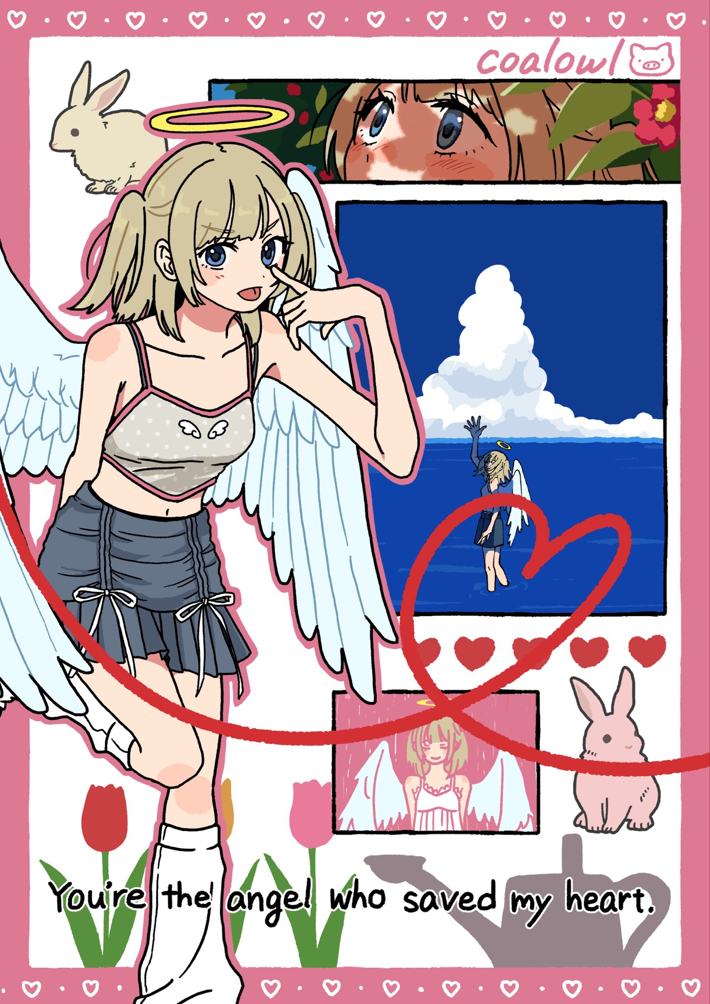 coalowl, original, commentary, highres, 1girl, angel, angel and devil, angel wings, artist name, black skirt, blonde hair, blue eyes, blush, border, bow, character name, cloud, collarbone, crop top, dappled sunlight, english text, fanged bangs, feathered wings, feathers, flower, full body, halo, happy birthday, heart, heart border, leg warmers, looking at viewer, multiple views, navel, pig, pink border, polka dot, rabbit, skirt, sky, smile, standing, standing on one leg, sunlight, tank top, tongue, tongue out, traditional halo, tree shade, tulip, twintails, watering can, white wings, wings