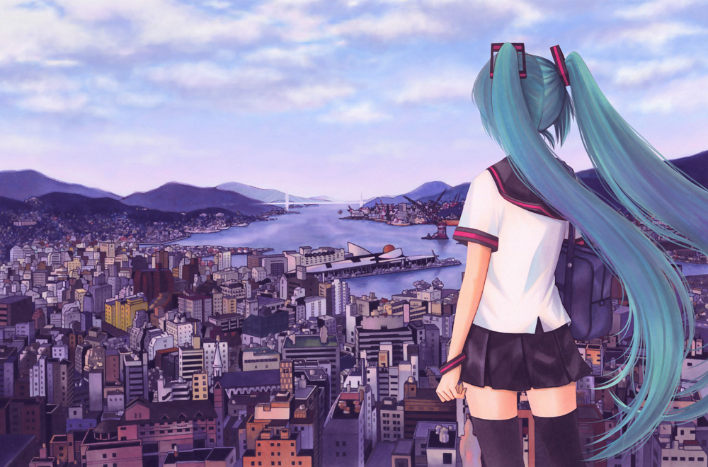 koto fuzuki, hatsune miku, vocaloid, 1girl, aqua hair, bag, bridge, cityscape, female focus, long hair, real world location, school uniform, serafuku, skirt, solo, thighhighs, twintails, water, wristband, zettai ryouiki