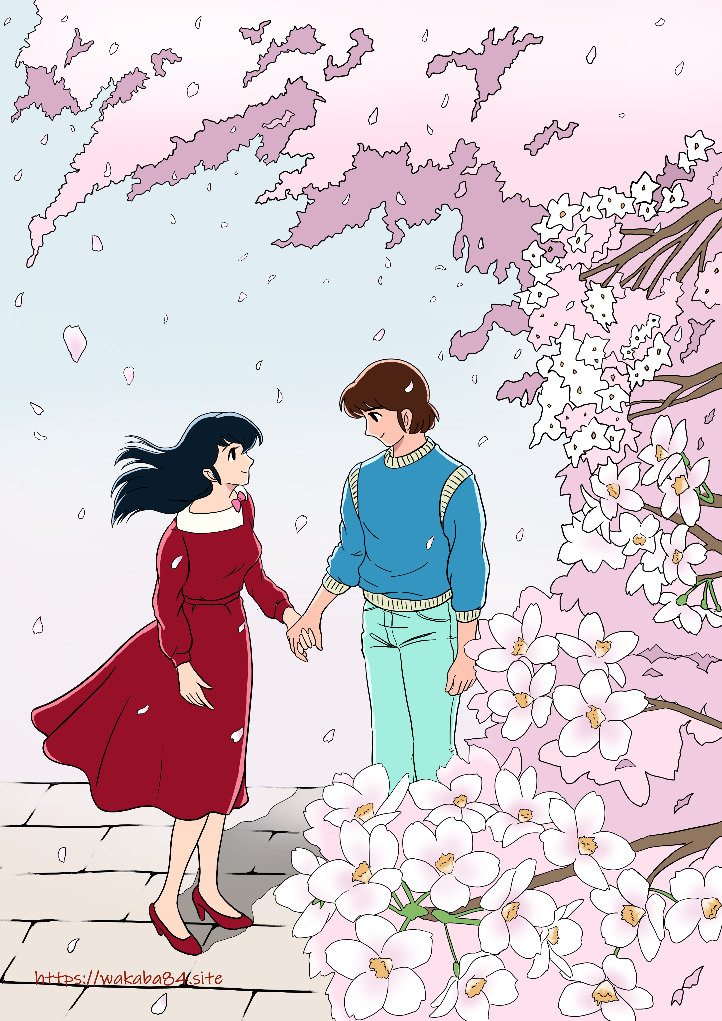 godai yuusaku, otonashi kyouko, maison ikkoku, absurdres, highres, black hair, blue shirt, blue sky, brick road, brown hair, cherry blossoms, cherry tree, denim, dress, holding hands, jeans, long hair, looking at another, pants, red dress, red shoes, shirt, shoes, sky, tree, walkway, wind, ys wakaba84
