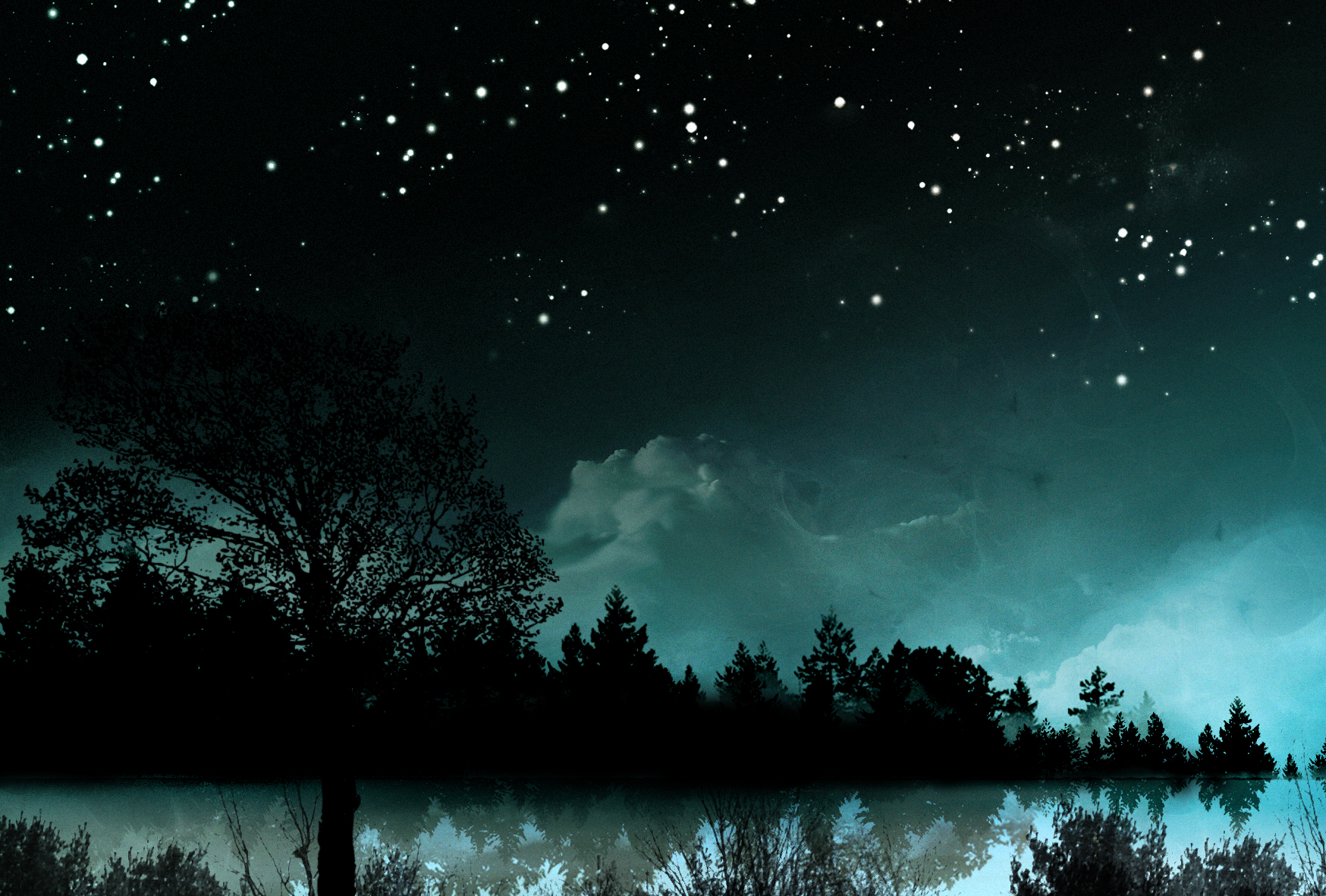 rita (artist), rita (poribucket), original, highres, cloud, forest, green sky, nature, night, night sky, no humans, river, scenery, sky, star (sky), starry sky, tree