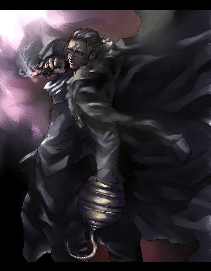 homex, crocodile (one piece), one piece, 1boy, amputee, ascot, cigar, dark, formal clothes, fur trim, hook, hook hand, jacket, jacket on shoulders, letterboxed, male focus, scar, smoke, smoking, solo, suit, vest, waistcoat