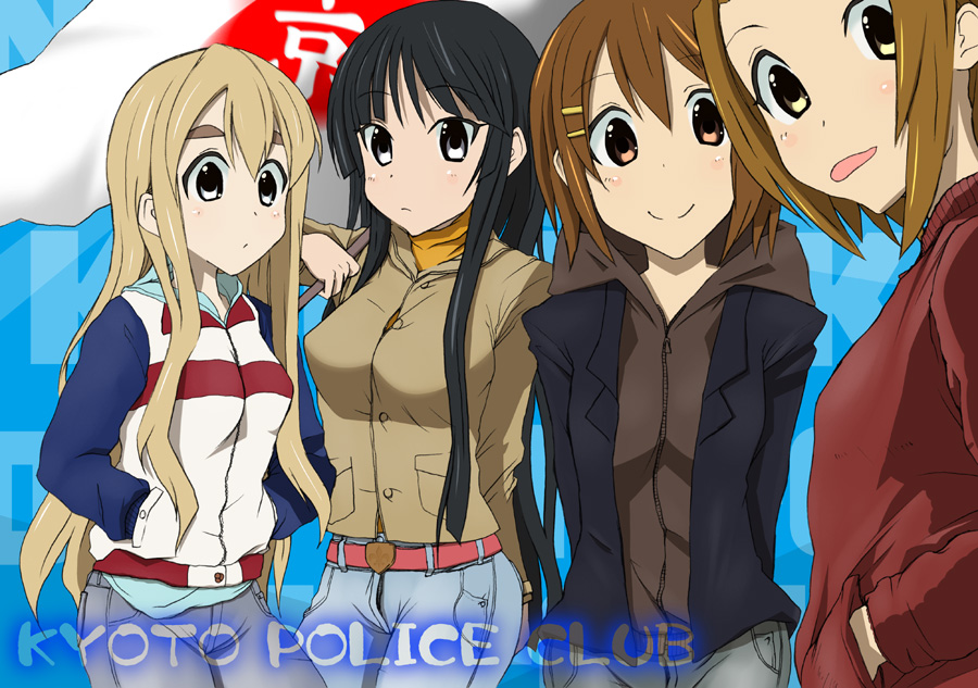 3e, akiyama mio, hirasawa yui, kotobuki tsumugi, tainaka ritsu, k-on!, eyebrows, 00s, 4girls, belt, black hair, blazer, blonde hair, casual, denim, flag, ho-kago tea time, hood, hoodie, jacket, jeans, letterman jacket, long hair, multiple girls, pants, short hair, smile, tomboy, tongue, turtleneck