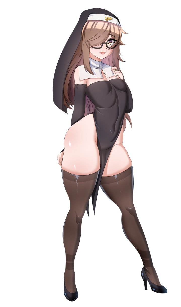 meganethings, yume (meganethings), original, commentary request, highres, 1boy, black bridal gauntlets, black dress, black shoes, black thighhighs, black veil, bridal gauntlets, brown eyes, brown hair, crossdressing, crossdressing (mtf), dress, full body, glasses, hair over one eye, hand on own chest, high heels, long hair, looking at viewer, male focus, mars symbol, nun, one eye covered, open mouth, parted bangs, pelvic curtain, shoes, simple background, smile, solo, spanish commentary, standing, thick thighs, thighhighs, thighs, tight clothes, tight dress, trap, veil, white background