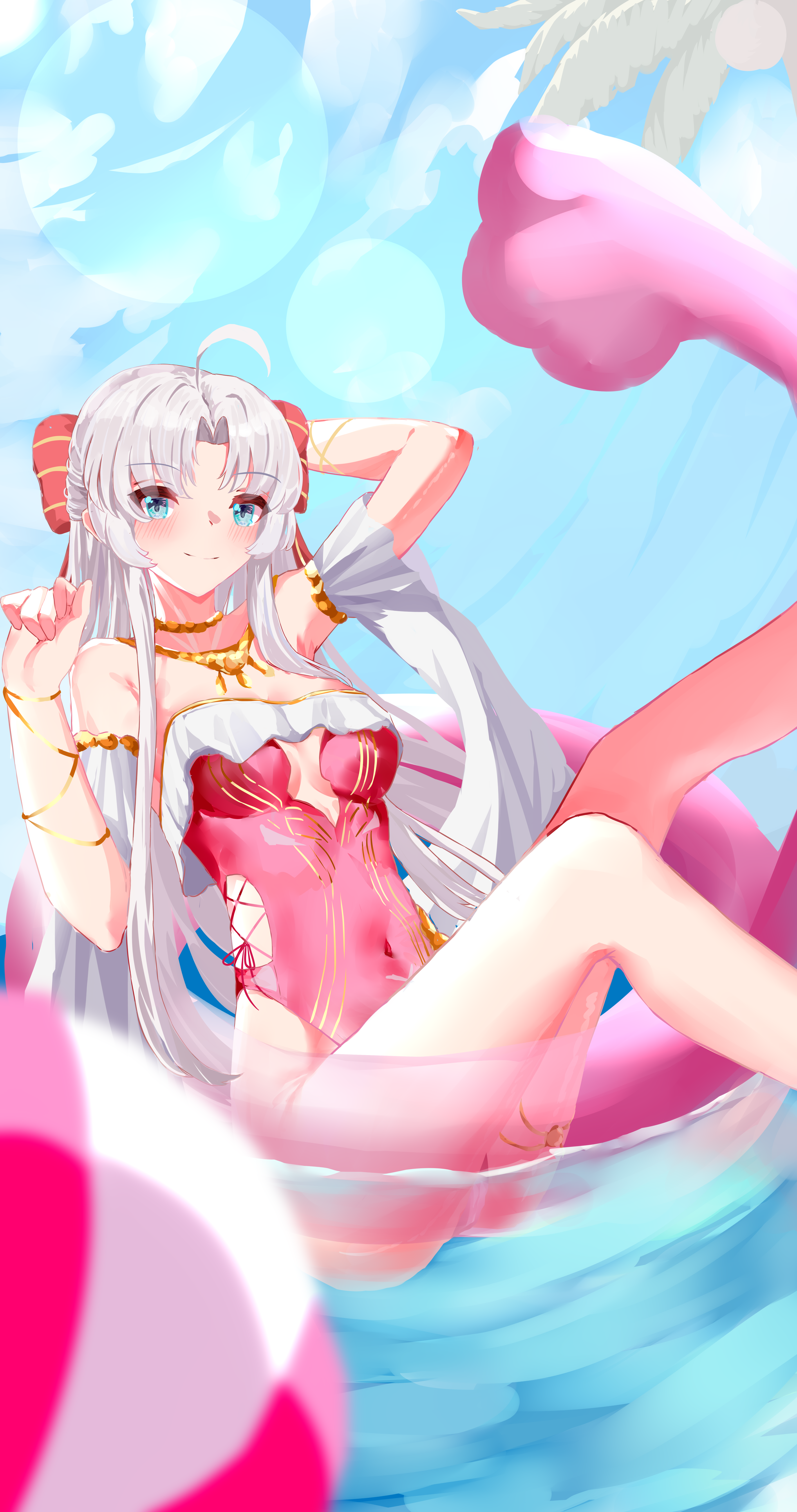 qiangz, carlotta (splashing summer) (wuthering waves), carlotta (wuthering waves), wuthering waves, absurdres, highres, 1girl, arm behind head, armband, ball, beachball, blue eyes, breasts, cleavage, frills, hair ribbon, jewelry, long hair, looking at viewer, navel, one-piece swimsuit, pink one-piece swimsuit, ribbon, sitting, swimsuit, water, waves, white hair