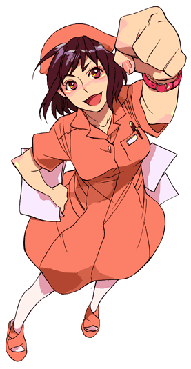 aft5, original, uniform, bad id, bad pixiv id, 1girl, black hair, clenched hand, dress, female focus, from above, hat, nurse, nurse cap, pantyhose, paper, pen, raised fist, sandals, short hair, smile, solo, watch, white pantyhose, wristwatch