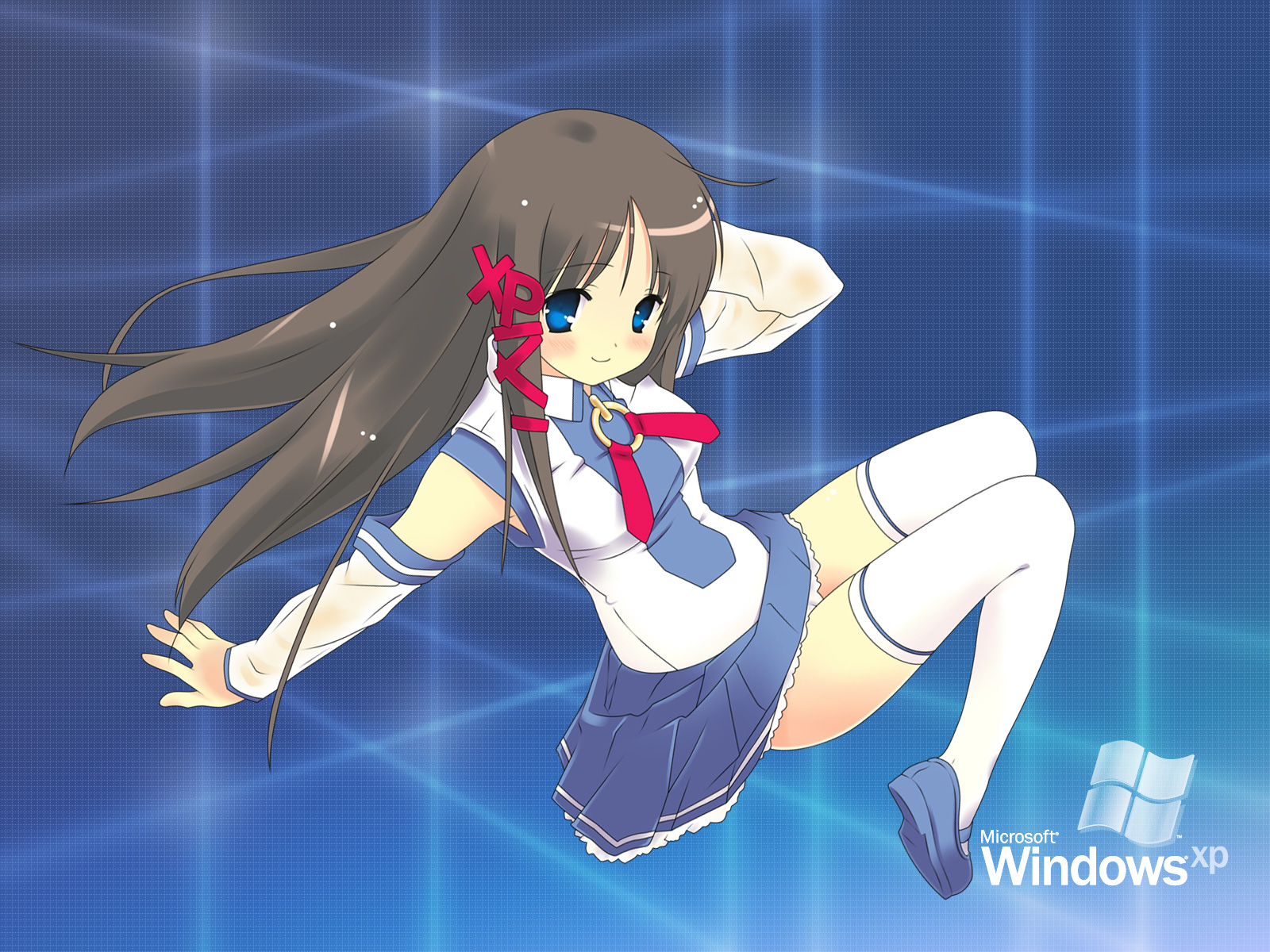 xp-tan, os-tan, highres, non-web source, blue eyes, brown hair, long hair, panties, pantyshot, skirt, solo, thighhighs, underwear, upskirt, white panties