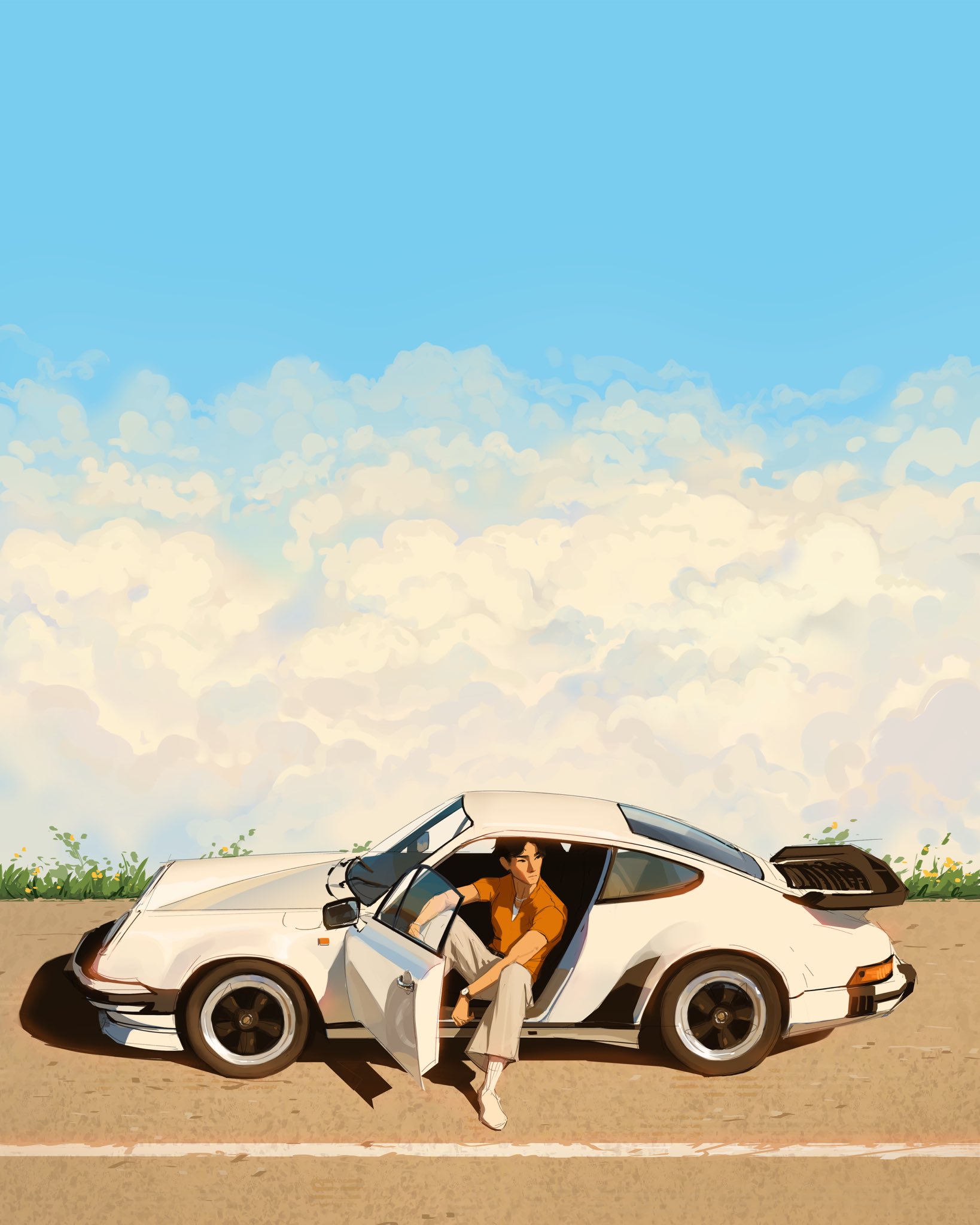 sam yang, original, porsche, commentary, english commentary, highres, vehicle request, 1boy, brown hair, car, cloud, cloudy sky, day, elbows on knees, full body, grass, knee up, looking to the side, motor vehicle, open door, orange shirt, outdoors, painterly, porsche 911, road, scenery, shirt, sitting, sky, sky focus, socks, solo, street, undershirt, white shirt, white socks