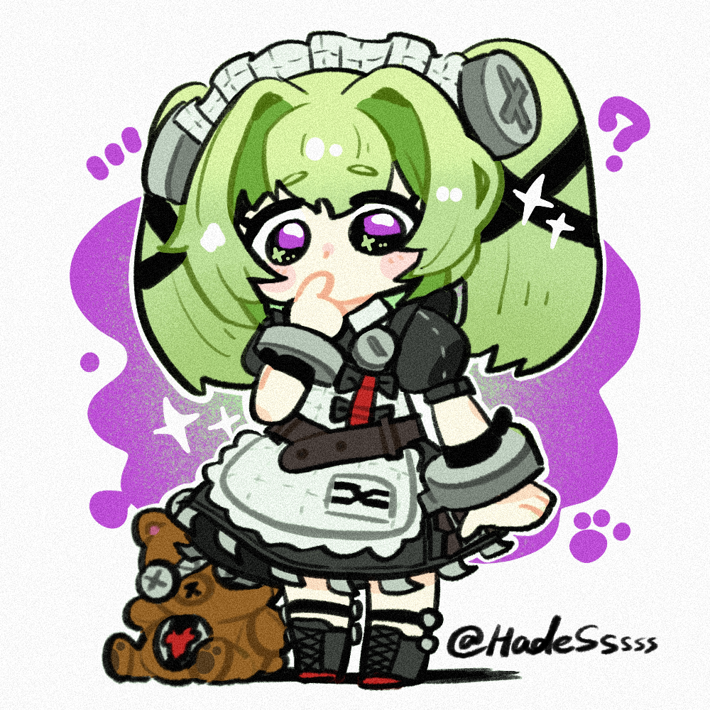 corin wickes, zenless zone zero, commentary request, 1girl, ?, apron, autis tic, belt, black boots, black bow, black dress, black sclera, boots, bow, chibi, chibi only, colored sclera, dress, finger in own mouth, full body, green hair, hair intakes, hair ornament, hairband, long hair, maid, maid apron, maid headdress, metal hairband, metal wrist cuffs, notice lines, paw print, purple eyes, screw hair ornament, short eyebrows, solo, sparkle, splatter background, stuffed animal, stuffed toy, teddy bear, thick eyelashes, twintails, twitter username, white apron, white background