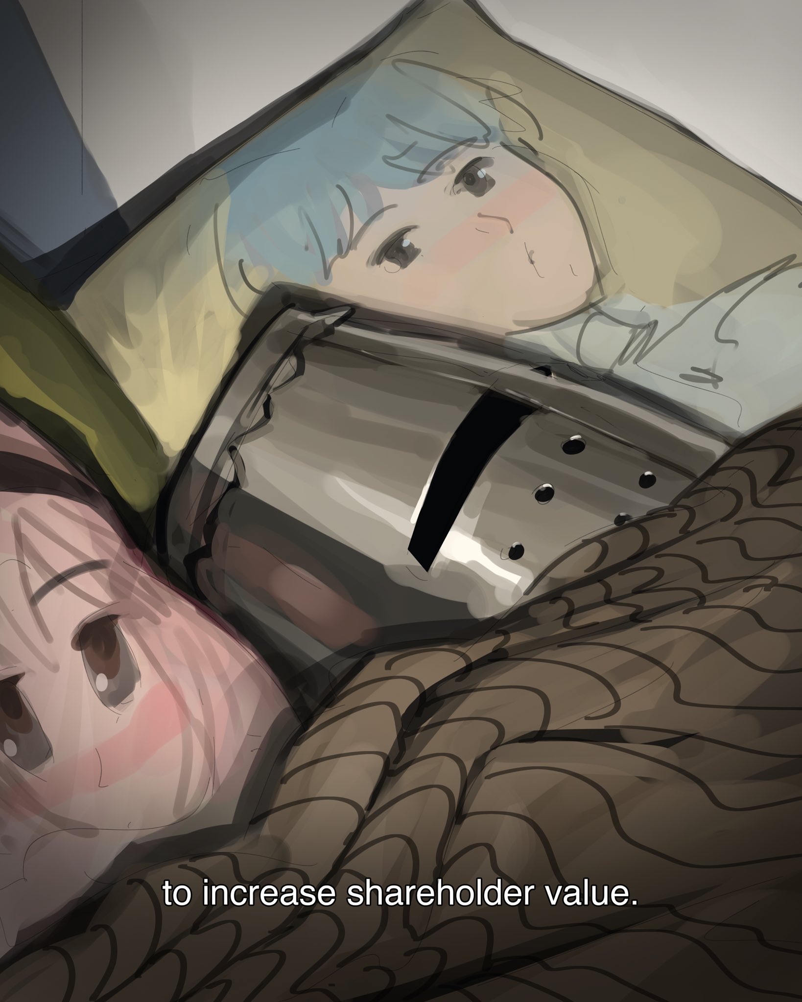 sam yang, original, commentary, english commentary, highres, 1other, armor, body pillow, caption, close-up, english text, head on pillow, helmet, knight, painterly, pillow, solo, under covers, upper body
