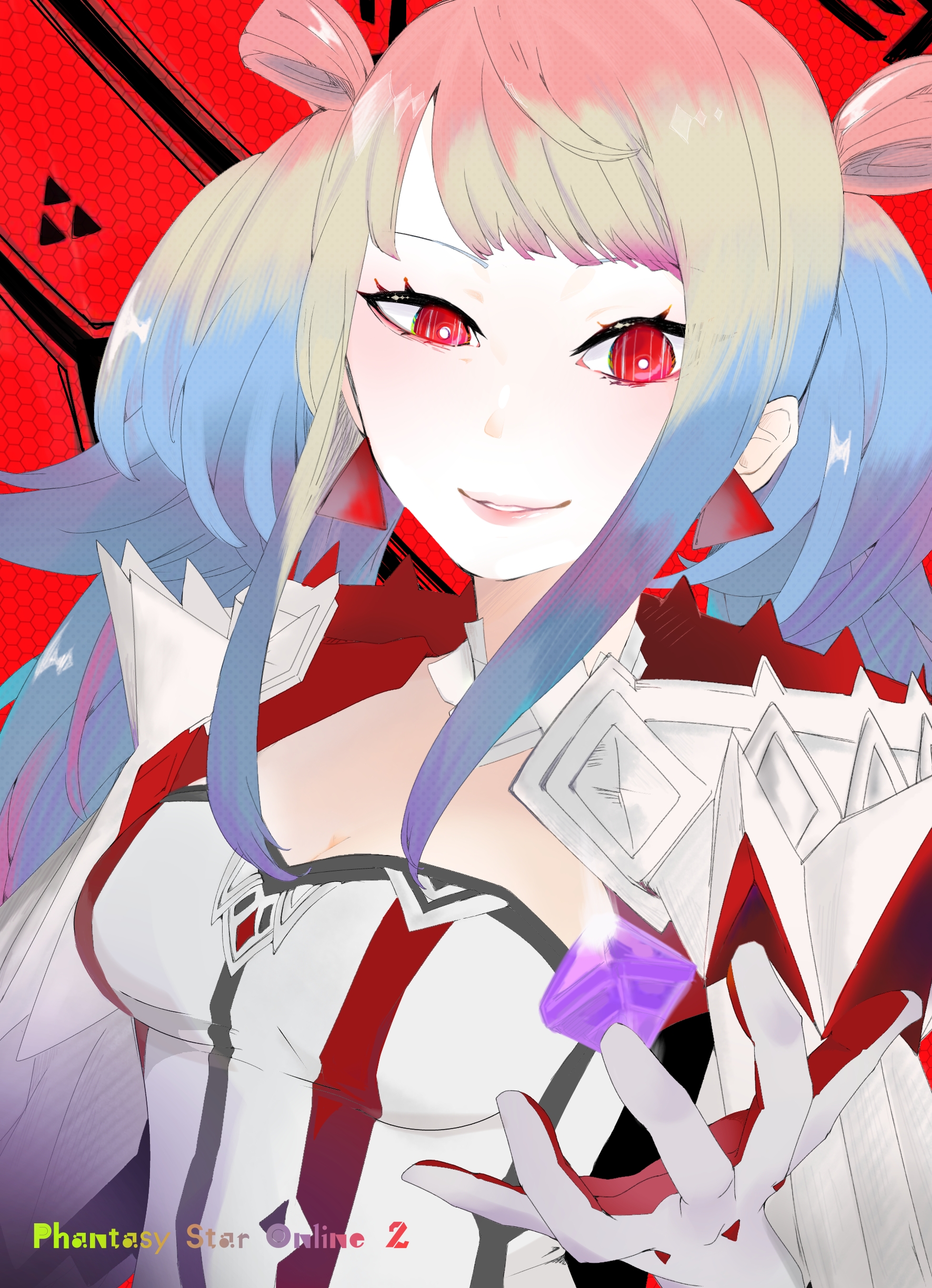 shiva (pso2), phantasy star, phantasy star online 2, absurdres, highres, 1girl, blonde hair, blue hair, breasts, cape, cleavage, collar, copyright name, detached collar, double bun, dress, earrings, floating gem, gem, gloves, grey trim, hair bun, half-closed eye, holding, holding gem, jewelry, kira88ers, lips, long hair, multicolored hair, pink hair, purple gemstone, red cape, red eyes, red gloves, red trim, sidelocks, small breasts, smile, solo, swept bangs, triangle earrings, twintails, two-sided cape, two-sided fabric, two-tone gloves, upper body, white cape, white collar, white dress, white gloves